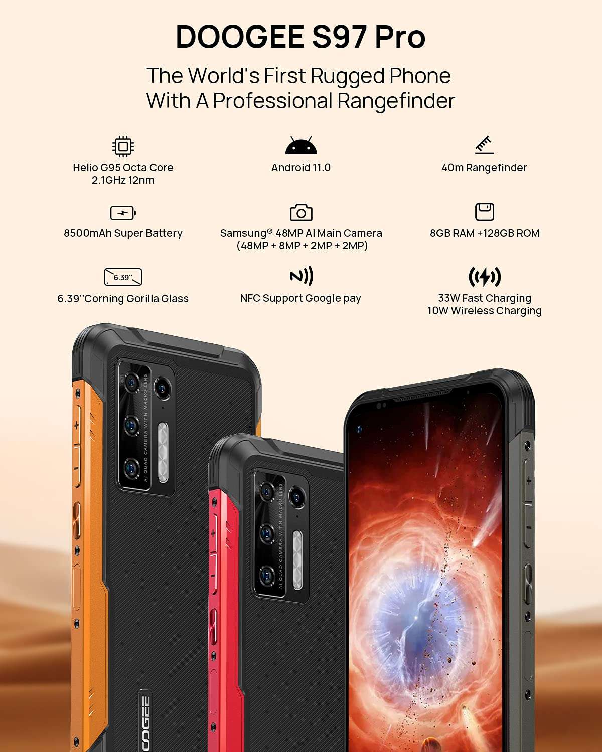 DOOGEE Rugged Smartphone Unlocked, S97 Pro Rugged Phone,8GB + 128GB,8500 mAh Battery,48MP Triple Camera,40m Rangefinder,IP68 Waterproof Smartphone, 4G /Android 11 /NFC 2021 (Orange) 2