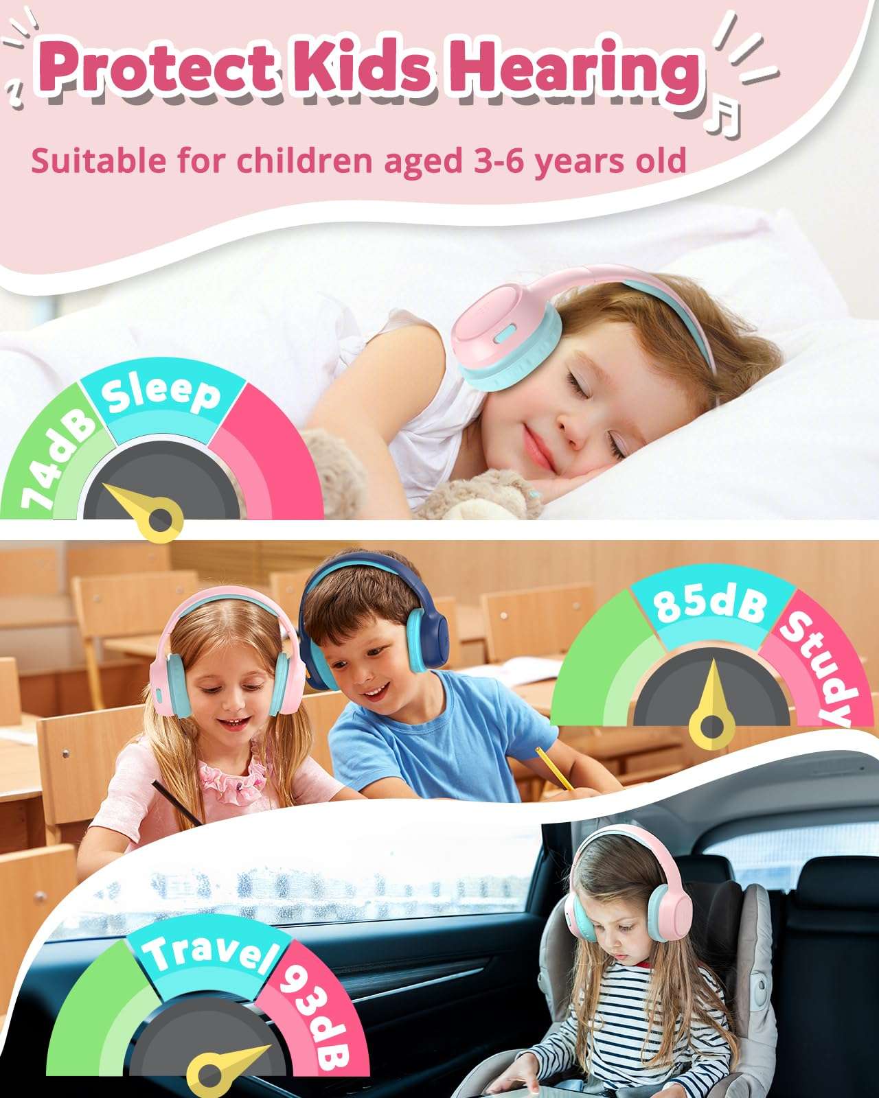 Tronsmart KH02 Kids Bluetooth Headphones Volume Limit 74/85/93dB, 45H Playtime, Bluetooth 5.3, 3.5mm Jack, Foldable, Wireless Headphones with Microphone for School/Travel/Plane (Princess Pink) 2