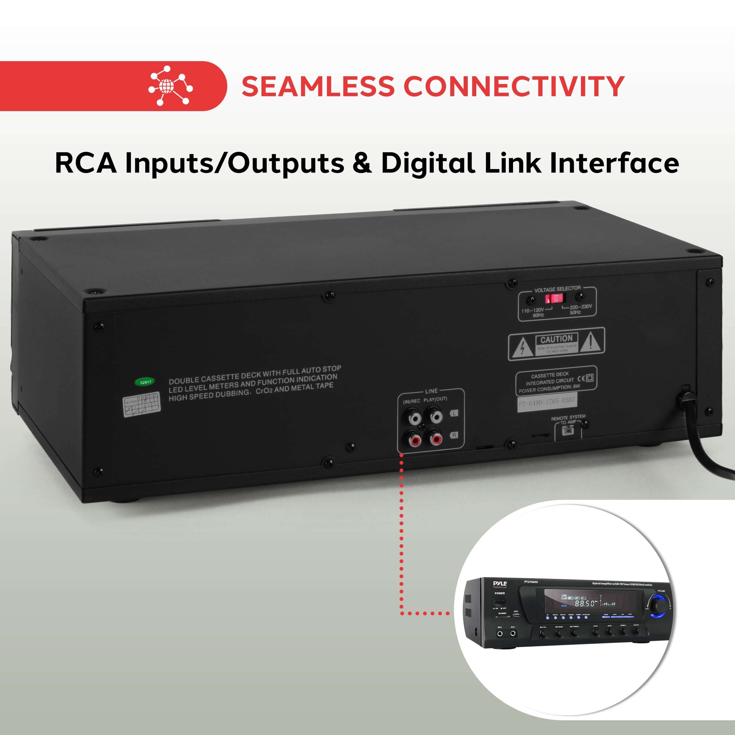 Pyle Home Digital Dual Cassette Deck Media Player Music Recording Device with RCA Cables Switchable Rack Mounting Hardware CrO2 Tape Selector Included 3 Digit Counter - 110V/220V 4