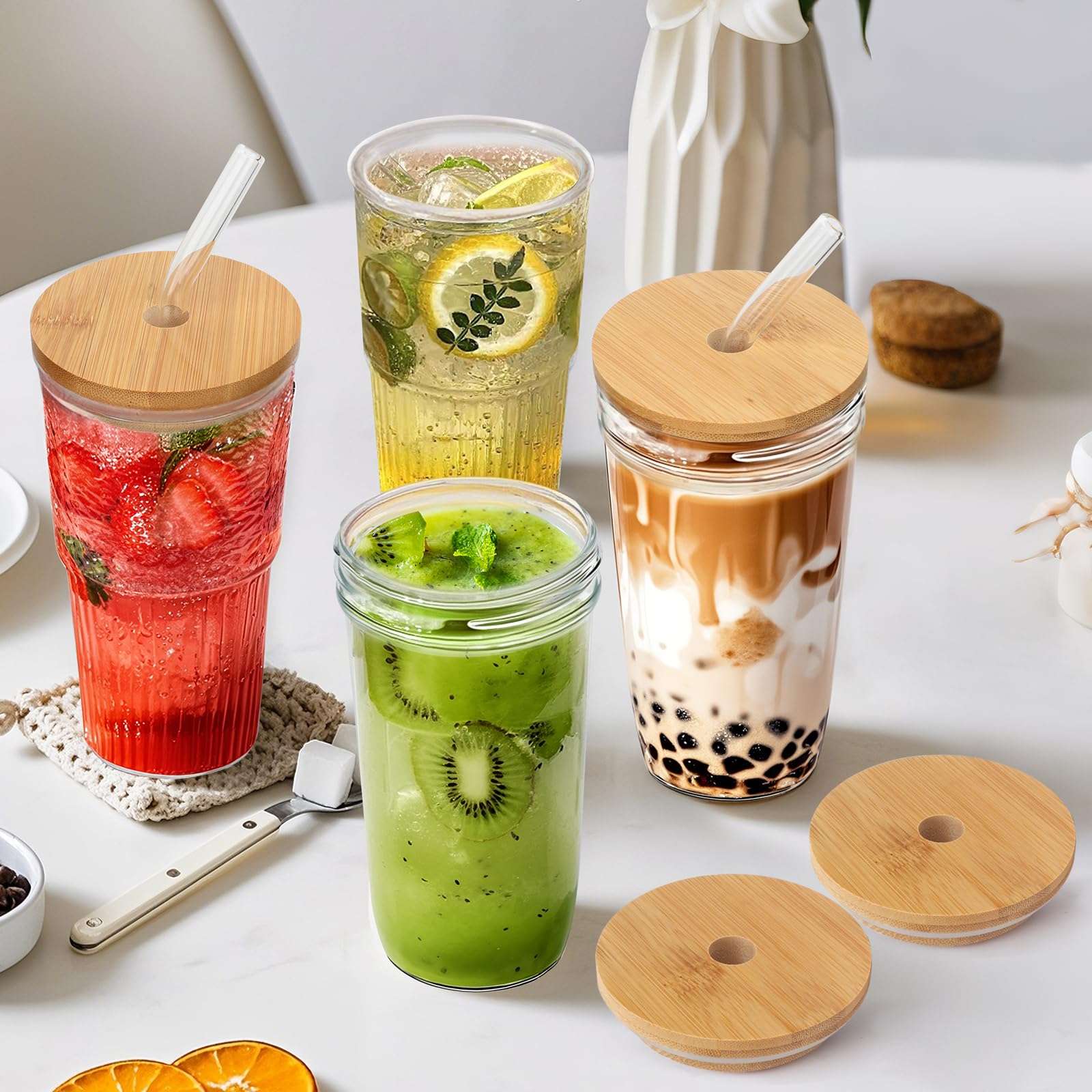 VVXAMI 2 Pcs Glasses Drinking Set - 25oz Glass Cups With Lids And Straws,Glass With Lids,Glasses Drinking Set,Smoothie With Lids And Straws,Iced Coffee Cup,Boba Cups,Gift 6