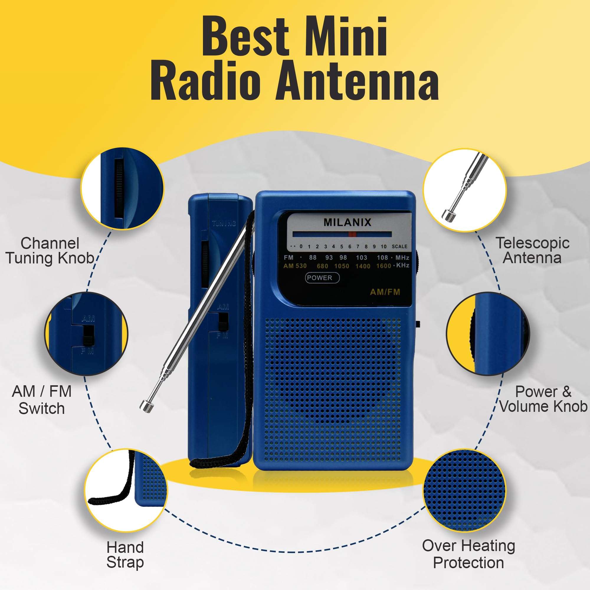 Milanix Small AM/FM Radio Portable Battery Operated with Best Reception, Longest Range, Headphone Jack, Tuning Light, Transistor, Indoor and Outdoor, Emergency Use (Blue Coral) 3