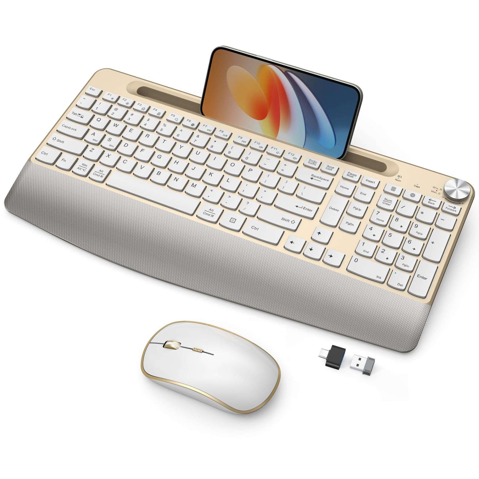 JOYACCESS Ergonomic Wireless Keyboard and Mouse Combo, Full-Sized Keyboard with Wrist Rest and Tablet Holder, Volume Roller for Computer PC Laptop-Gold&White 1