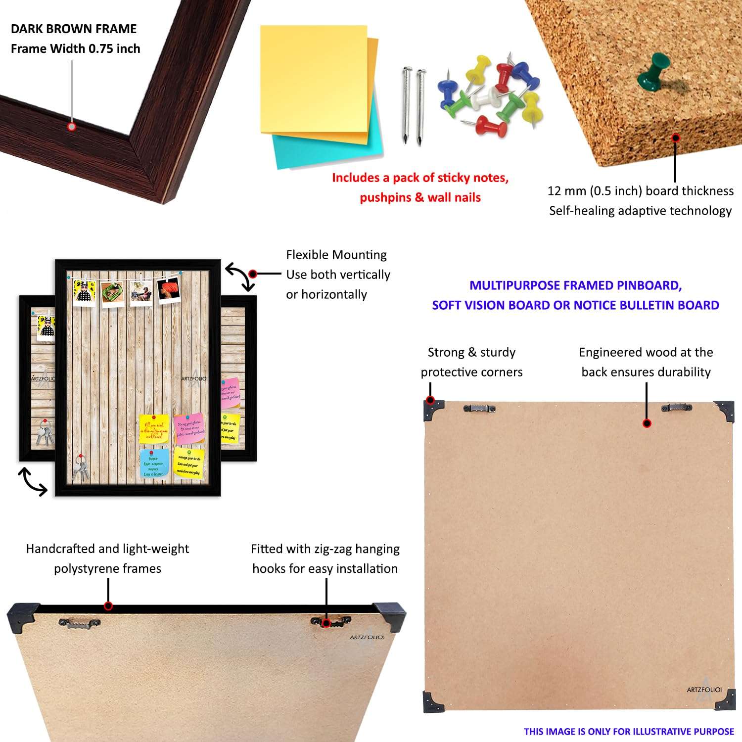 ArtzFolio Abstract Marble Art D3 | Bulletin Board Notice Pin Board | Vision Soft Board Combo with Thumb Push Pins & Sticky Notes | Dark Brown Frame | 30 x 20 inch (76 x 51 cms) 5