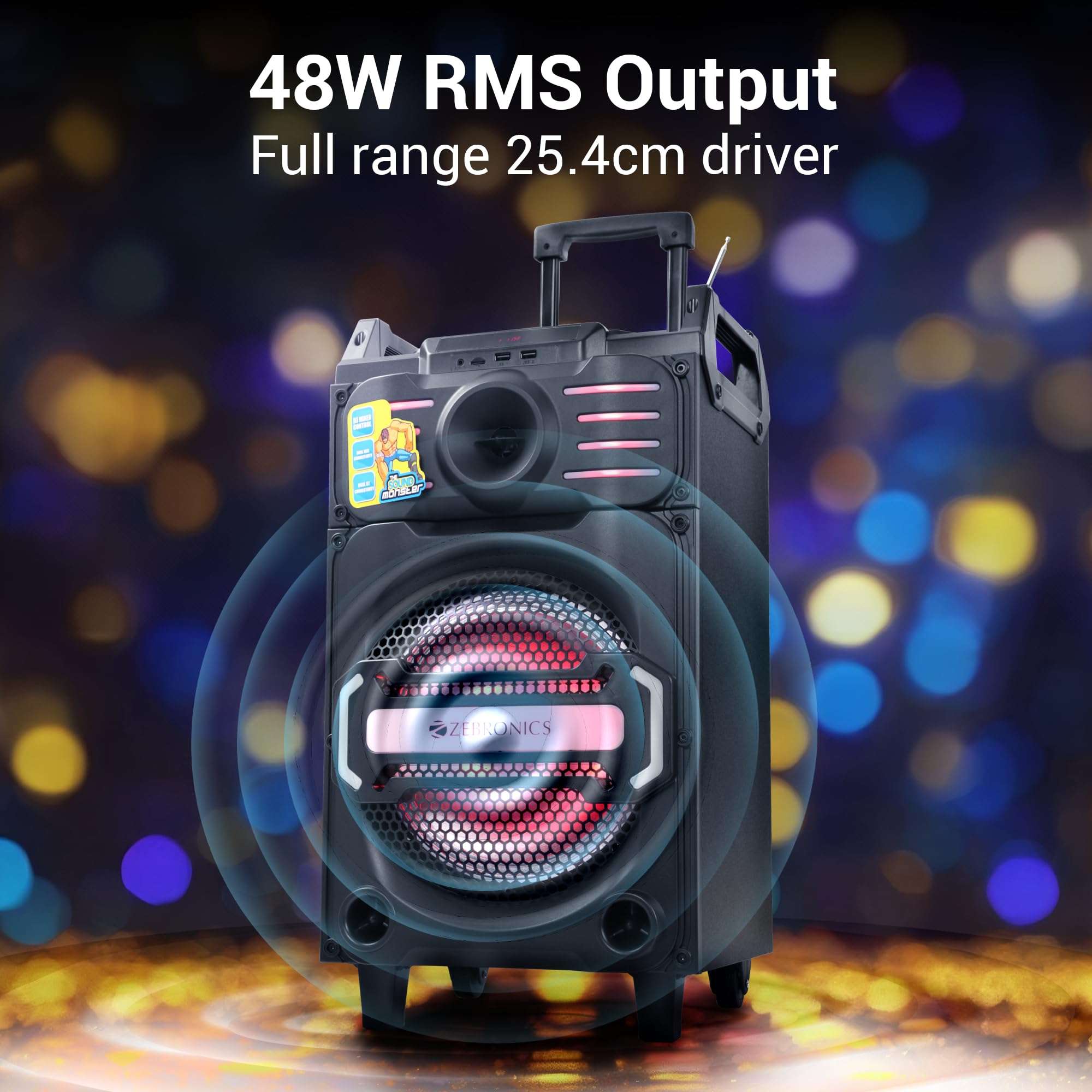 ZEBRONICS Octane Trolley Party DJ Speaker, 48 Watts, Supports Dual Bluetooth, Dual USB, mSD, AUX, Karaoke Function, Two Wireless Mic, DJ Mixer Control, 5 Band Equalizer 3