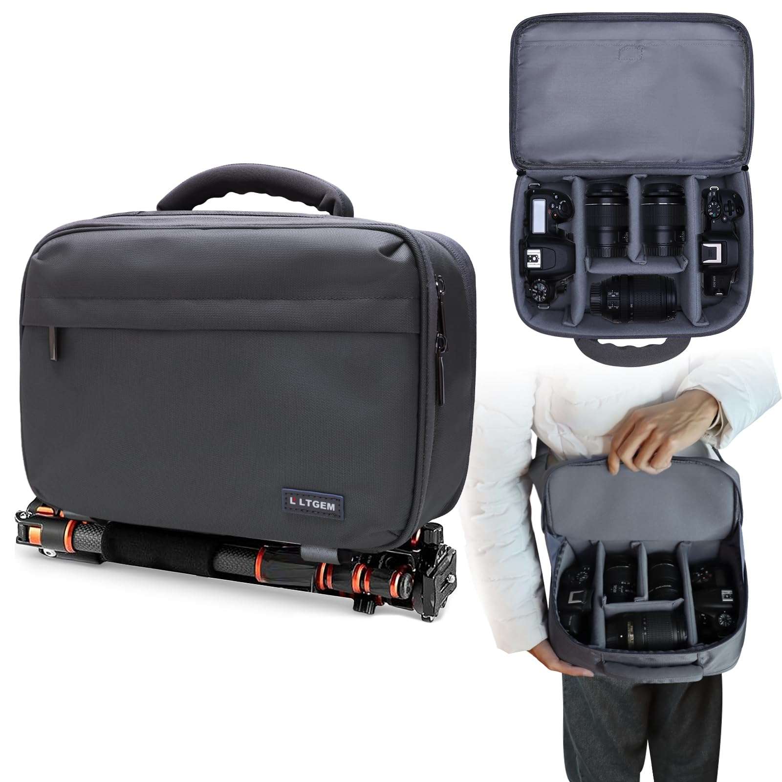 LTGEM Camera Bag Compatible with Canon/Sony/Nikon DSLR Camera, Camera Sling Bag Double-sided Opening for Travel, with Tripod Strap, Shoulder Strap and 6 Divider(Gray) 1