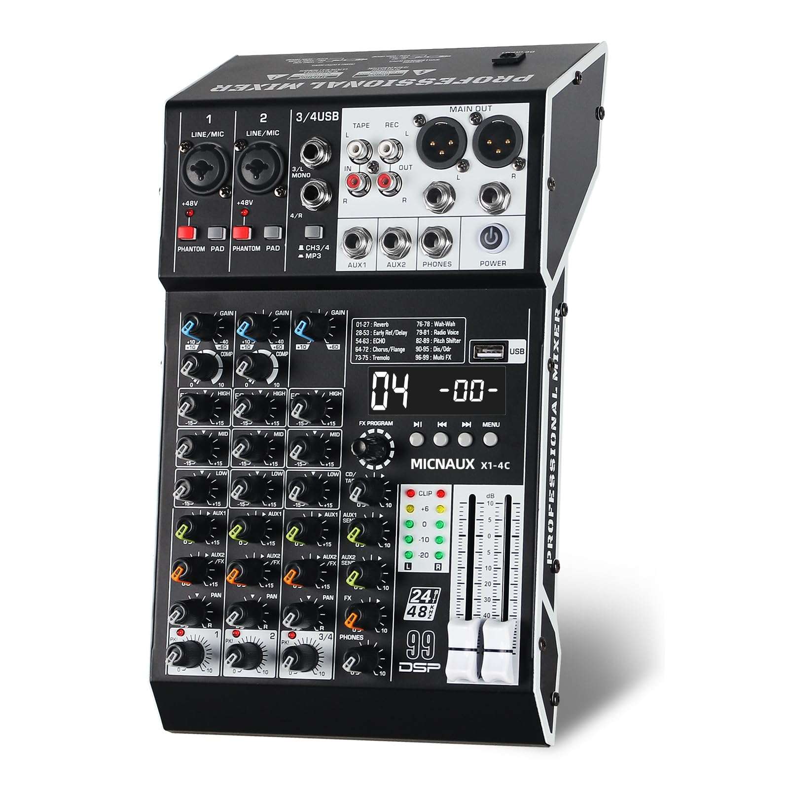 MICNAUX Audio Mixer 4 Channel Professional Sound Mixer Console with 99 DSP Effects, Small Mixing Board DJ Mixer w/USB, Bluetooth, 48V Power Supply, PAD Button for Recording Karaoke PA Drum Live Music 1