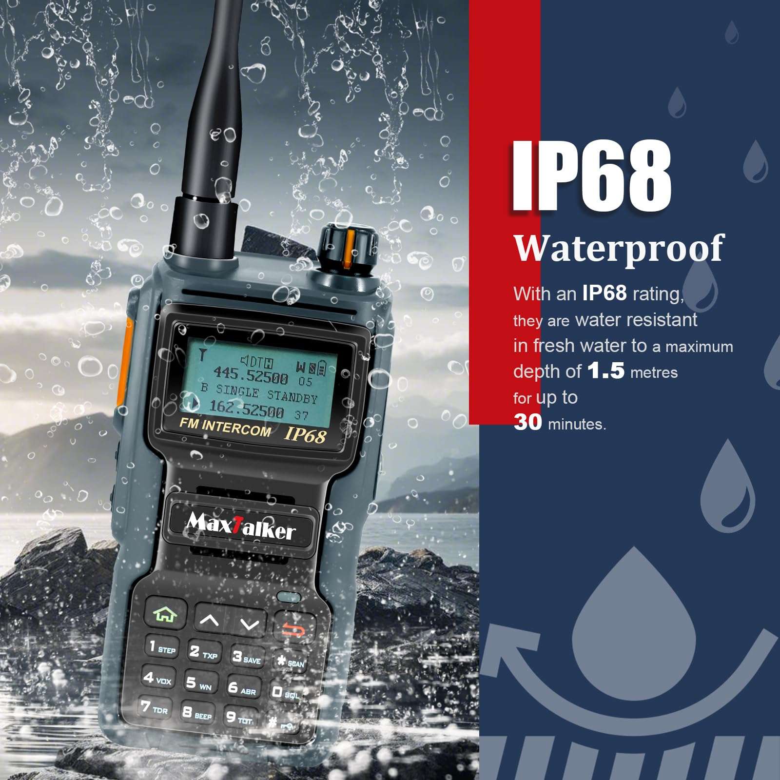 MaxTalker TK-W70 Ham Radio Long Range 10W, GMRS Handheld Radio with Programming Cable, Multi-Band Two Way Radio with 2100mAh Battery, NOAA, IP68 Waterproof Ham Radio 2