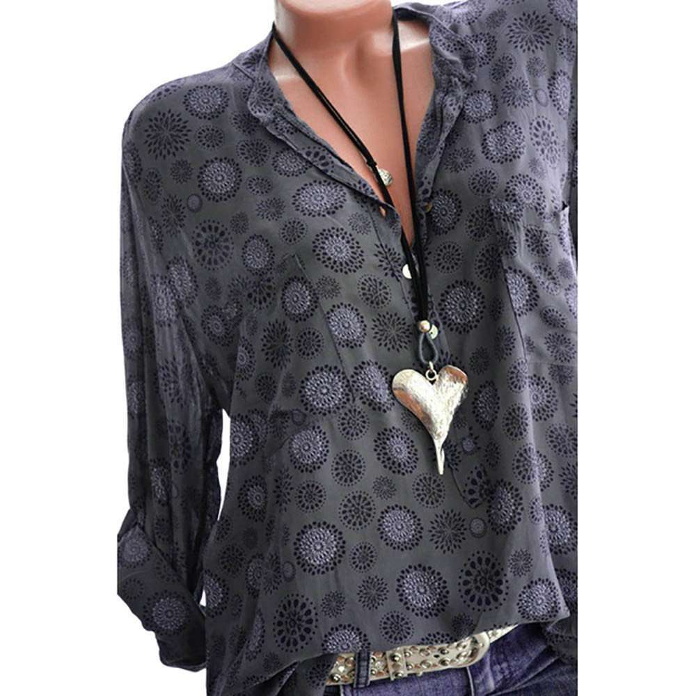 Blouse for Women Long Sleeve Kimloog Women Plus Size Print Long Sleeve Polka Dot Button Blouse Pullover Tops Shirt Gray 2