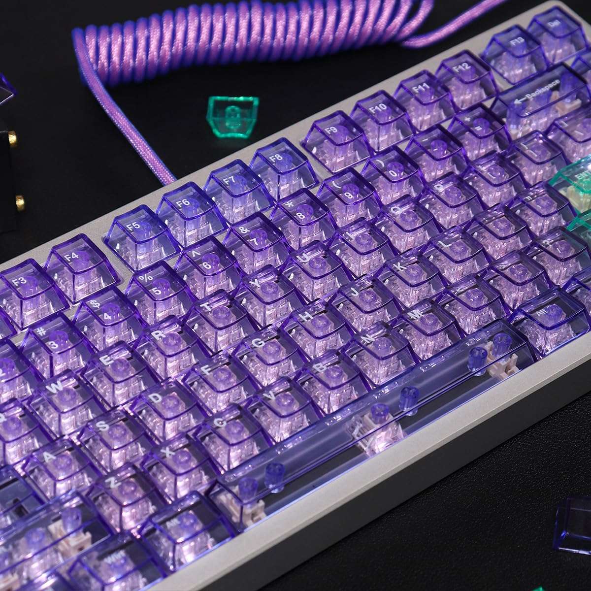 SUEHIODHY Crystal Clear Keycaps Set, 156 Keys Cherry Profile Purple Transparent Keycap, Shine Through Keyboard caps for 60% 65% 75% 100% Backlit Gateron Mx Switches Mechanical Gaming Keyboard 3