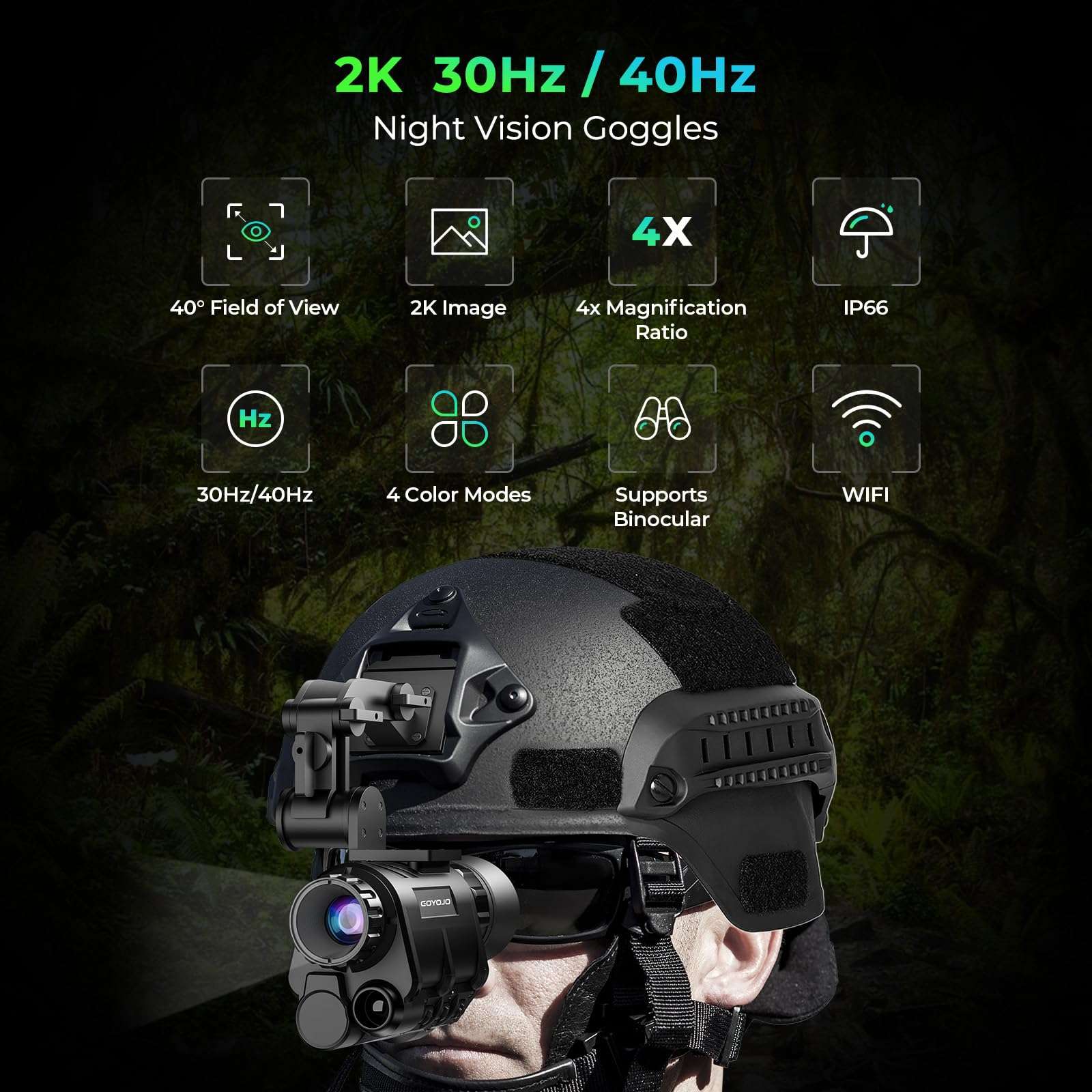 GOYOJO 2K Digital Night Vision Goggles, NVG Helmet Mounted for Tactical, Hunting, PVS-14 Night Vision Monocular with 4 Color Modes HD Recording & Playback 2