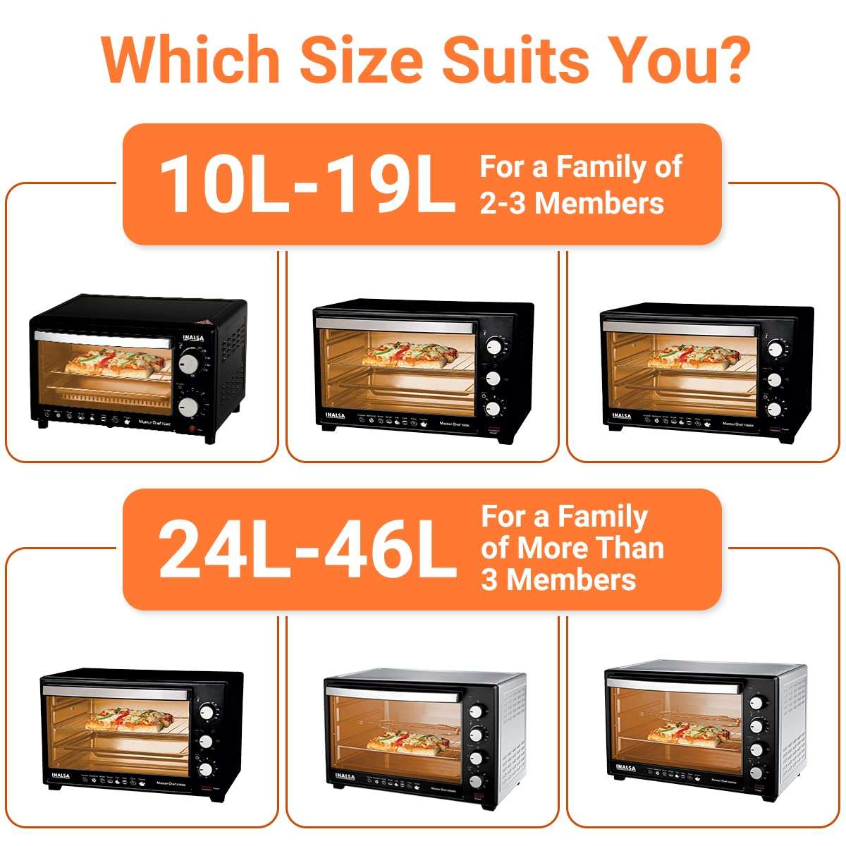 Inalsa Oven MasterChef 10BK OTG (10Liters) with Temperature Selection 800 W, Powder Coated Finish, Includes Baking Pan, SS Grill Tray, Hand Glove (Black, Silver) 800 watts 6