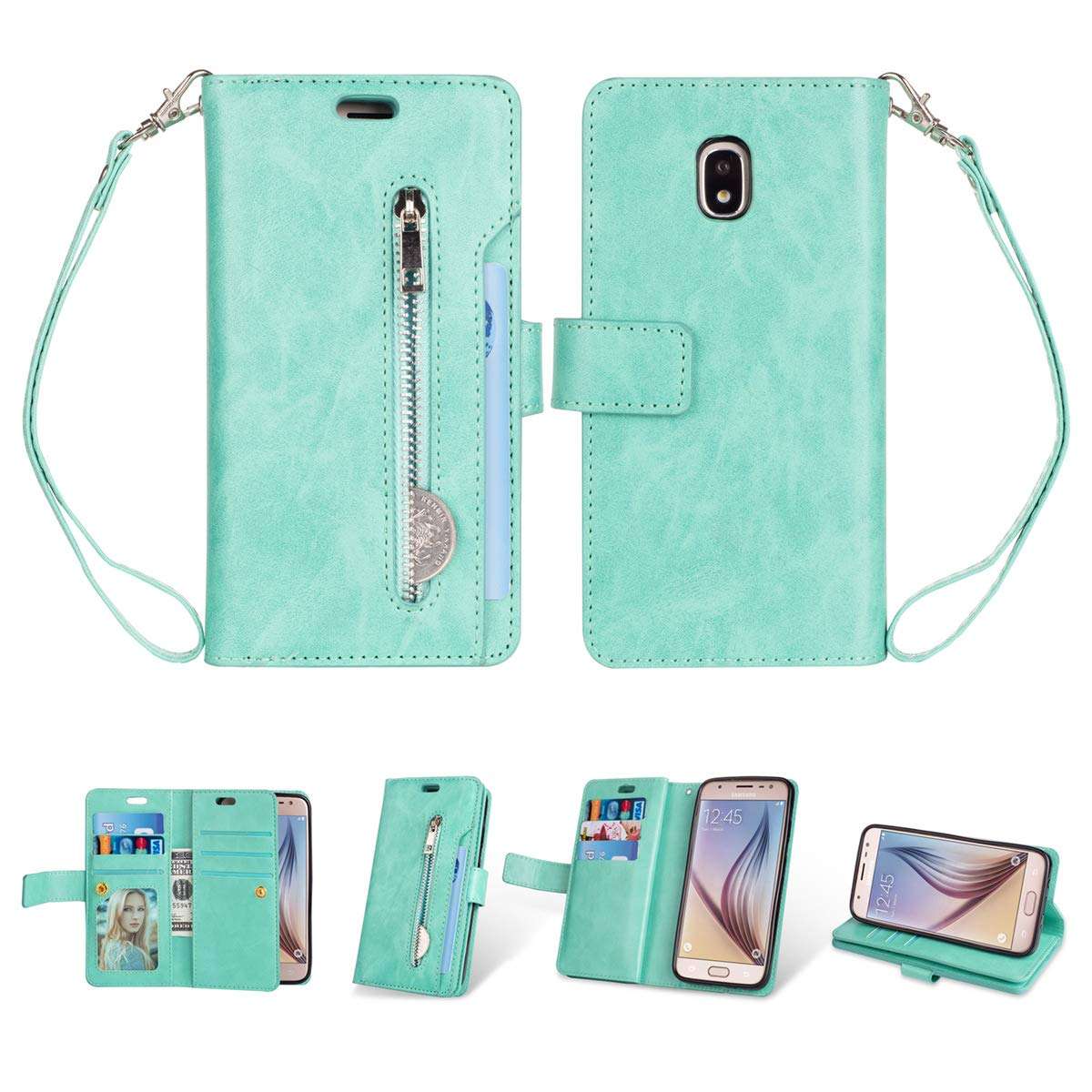 for Samsung Galaxy J7 (2018) 5.5" Leather Case [Vintage Zipper] Multiple Magnetic Folio Flip Leather Wallet, Flip Kickstand Case Purse, Changepocket, Cash Credit Card Holder Slot, Handbag Wrist Strap 1