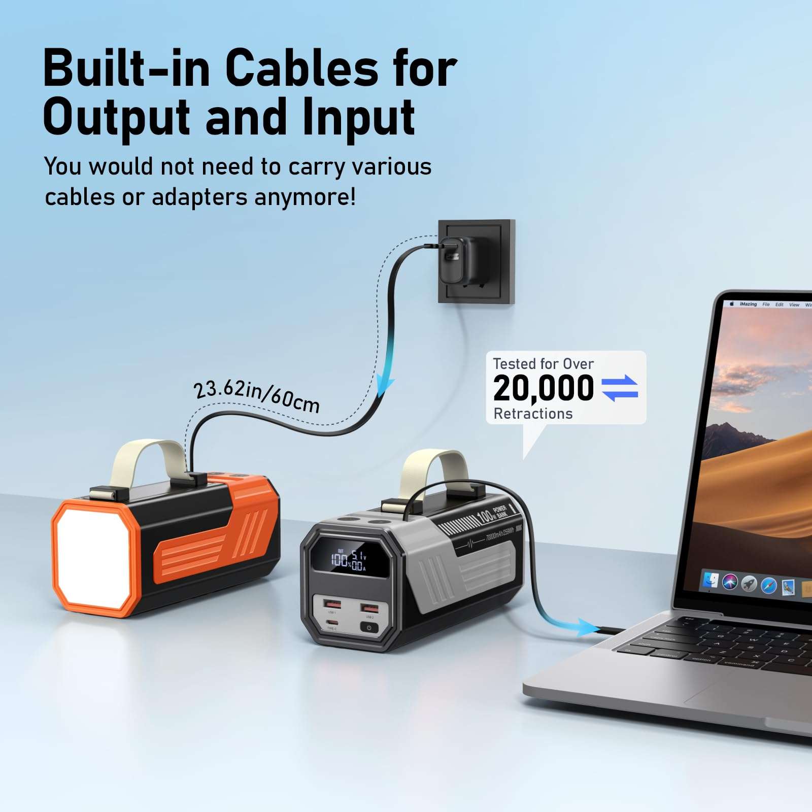 CUZAR Laptop Power Bank,70,000mAh Portable Charger with 100W USB-C Ports, Built-in and Retractable Cables,100W Input, Fast Charging for MacBook Pro/Air/iPhone 16/iPad Pro/Galaxy S25 Ultra 6