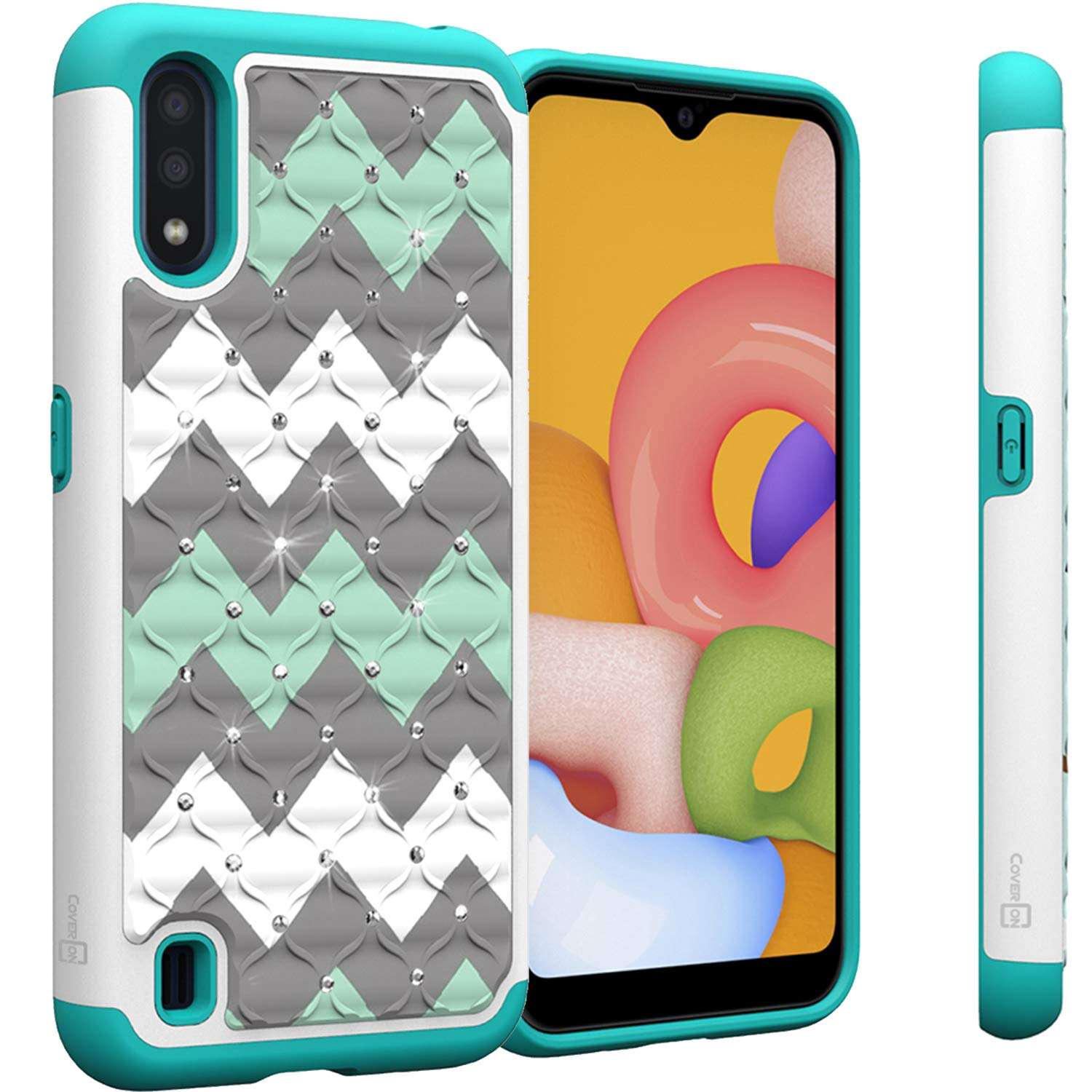 CoverON Bling Hybrid Aurora Series Diamond Bling Rhinestone Dual Cover for Samsung Galaxy A01 Case - Teal Chevron 1