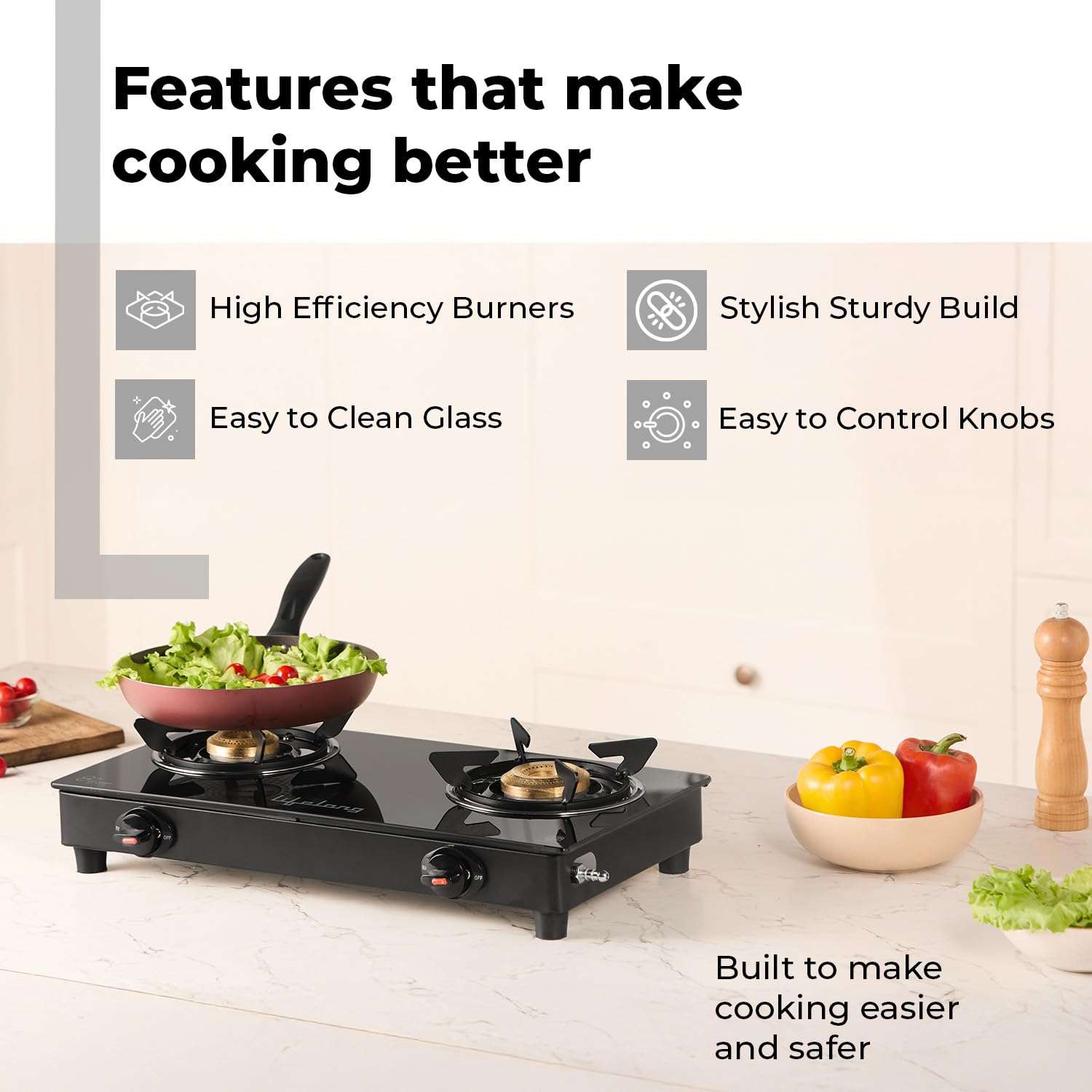 Lifelong 2 Burner Gas Stove with Free Gas Saver | Manual Ignition Cooktop, Modern Glass Stove Top for Modular Kitchen, ISI Certified & Compatible with LPG |1 Year Manufacturer’s Warranty (LLGS10GSS) 5