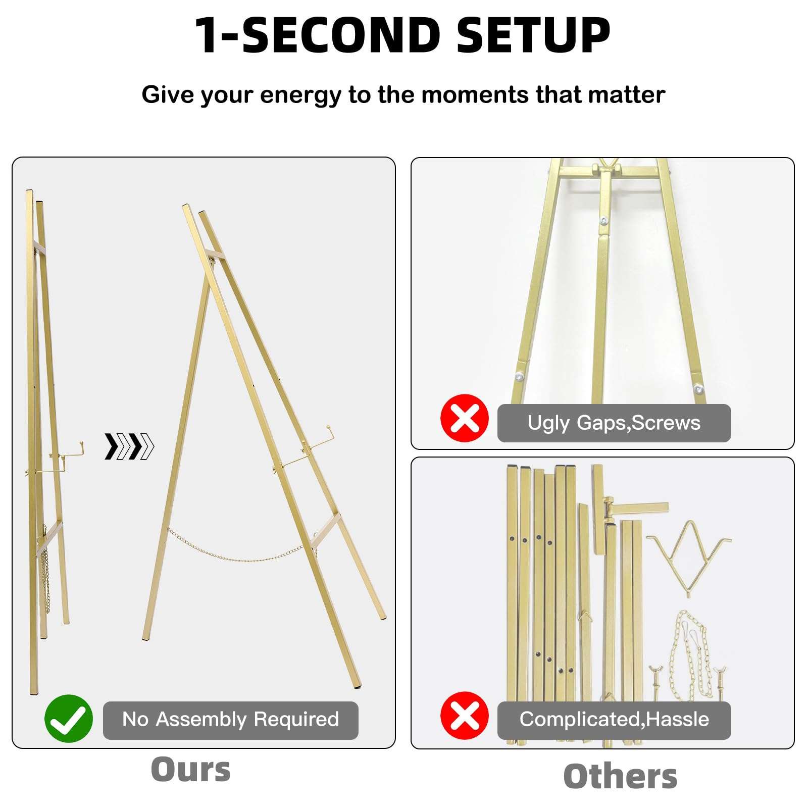 GRENTY Gold Easel Stand for Wedding Sign,No Assembly Required Metal Artist Easels for Display,Heavy Duty Welcome Poster Stands for Party,Painting 5