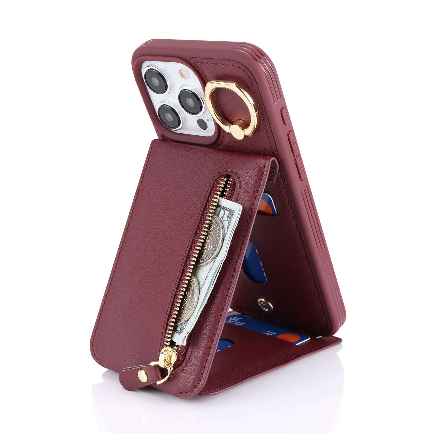 DEYHU for iPhone 14 pro Max Case with Card Holder for Women, for iPhone 14 pro Max Phone Case Wallet with Credit Card with Ring Kickstand Zipper Shockproof Slim Stand Case - Red Wine 6