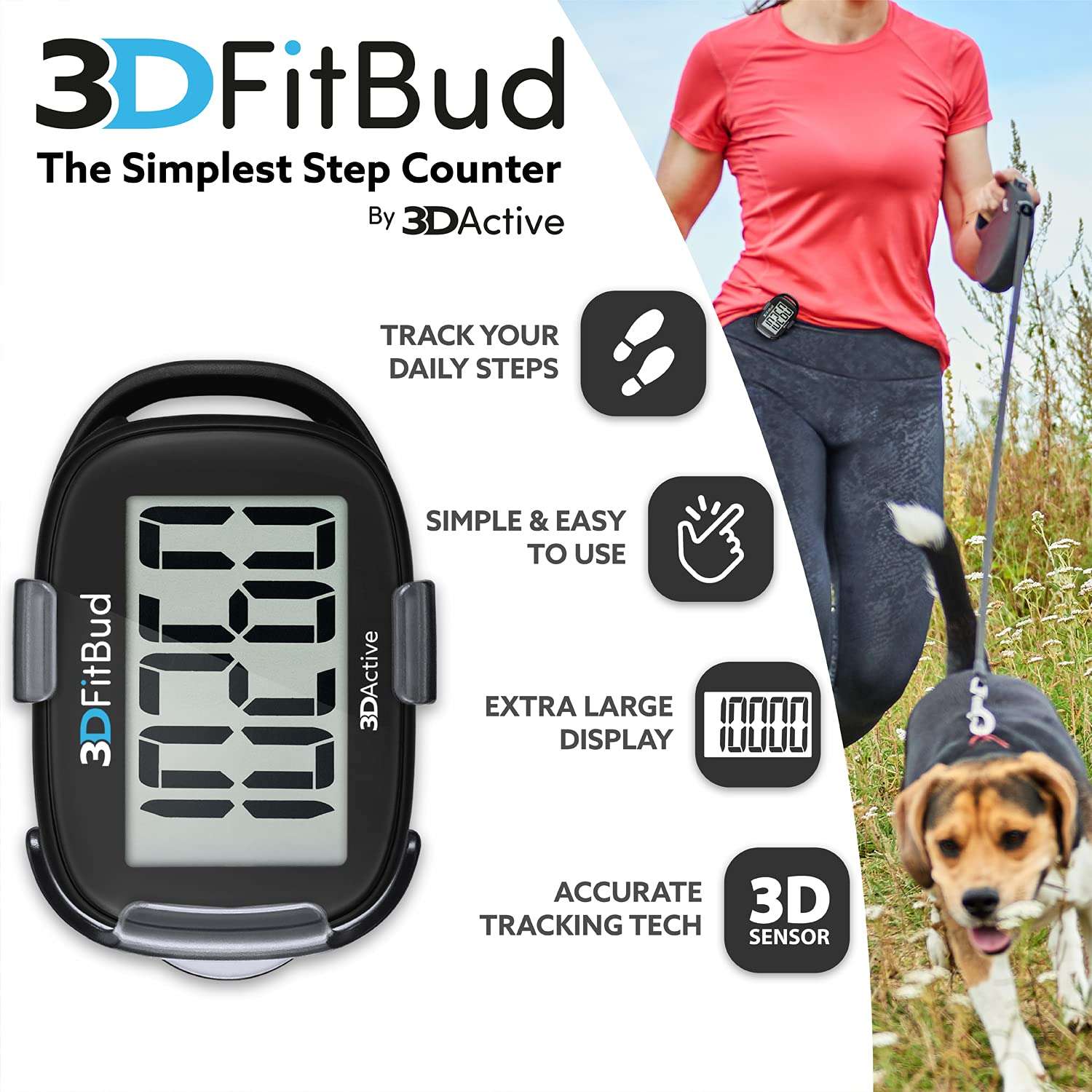 3DFitBud Simple Step Counter Walking 3D Pedometer with Clip & Lanyard - A420S - Black 2