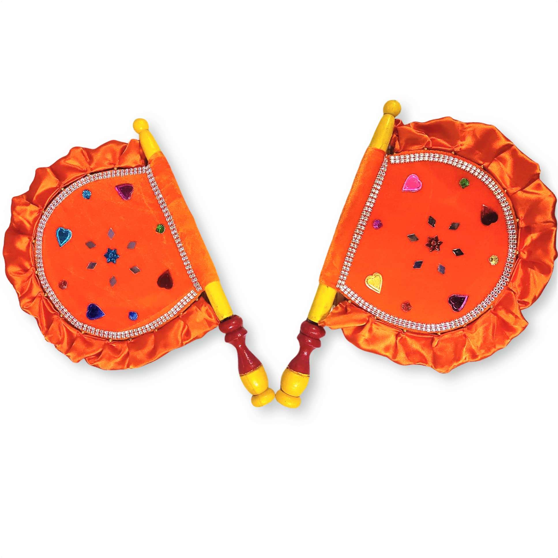 Stonsell Wooden Handcrafted Hand Fan/Beejna Pankha with Valvet Cloth, Royal/Punjabi Hand-Fan with Wooden Handle for Home Décor & Travel use (Multi-Color) (Orange) 3