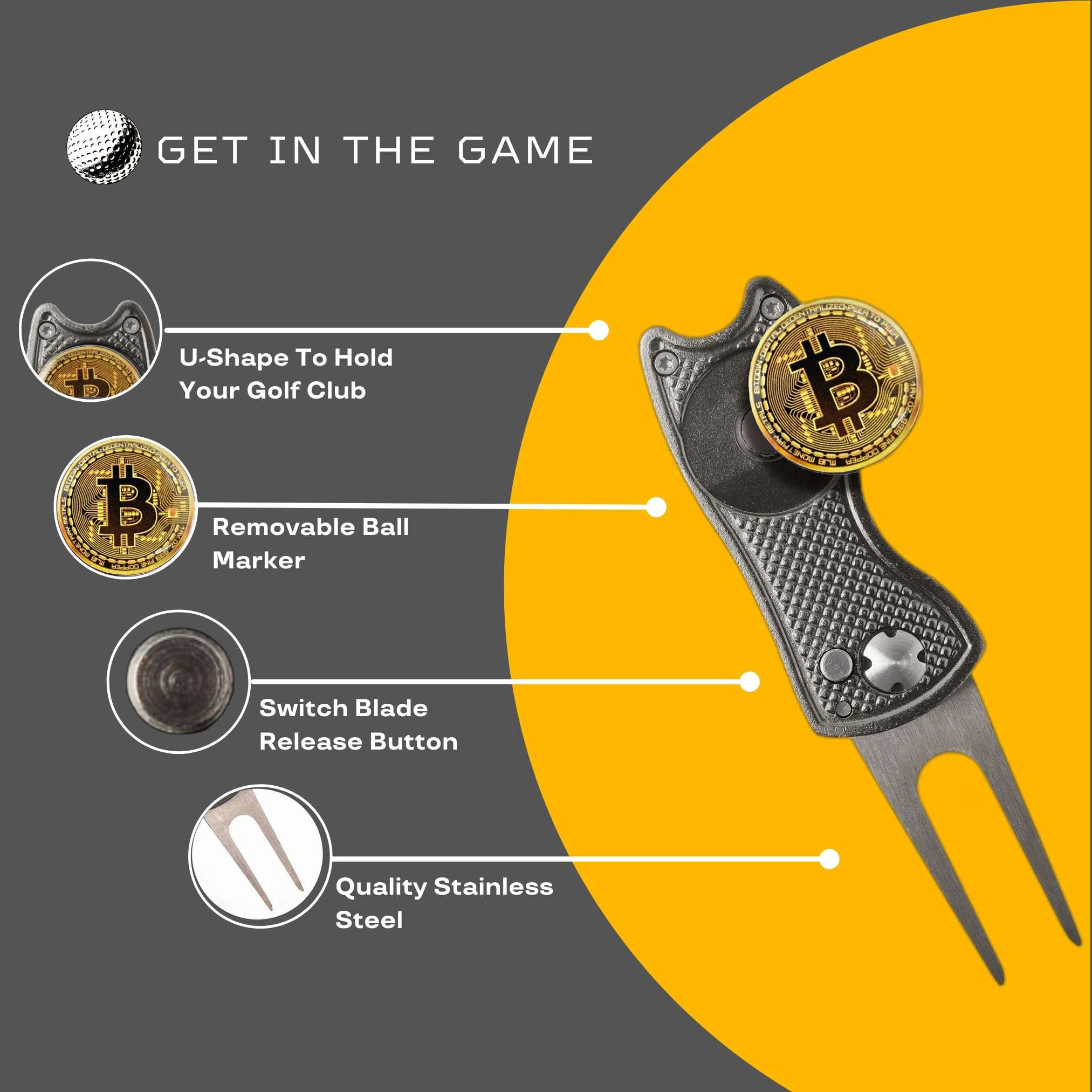 HODL 21 Bitcoin Golf Divot Repair Tool, All-Metal Golf Accessories - 3- in-1 Golf Multitool (Divot Tool, Ball Marker, Club Holder) | Foldable with with Pop-up Button & Magnetic Ball Marker 3