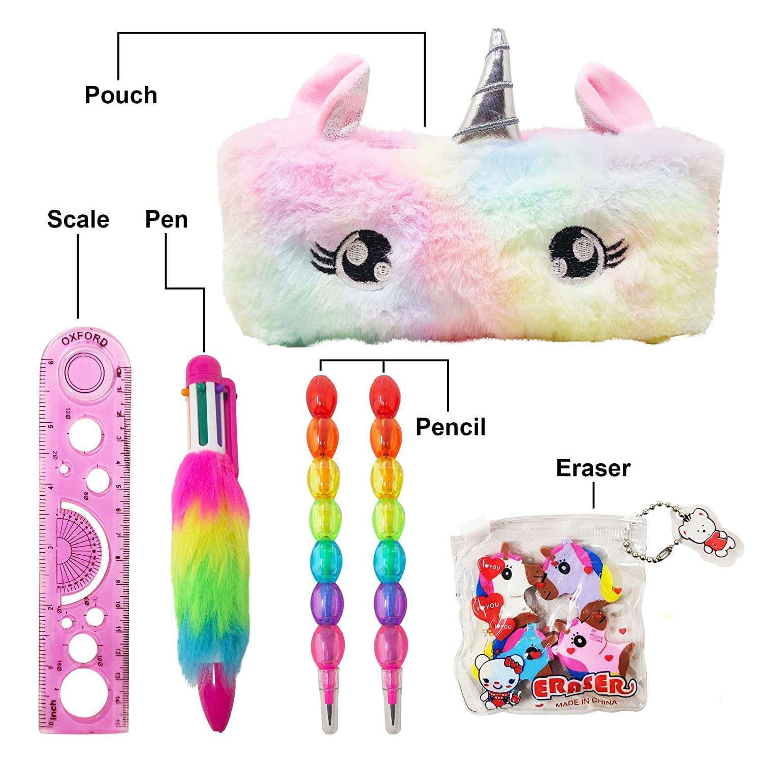MKY® Unicorn (Combo of 6 Items) 1 Fur Pouch, 1 Fer Pen, 2 Pencils, 1 Scale and 1 Packet Unicorn Eraser for Kids (Multicolor) 3
