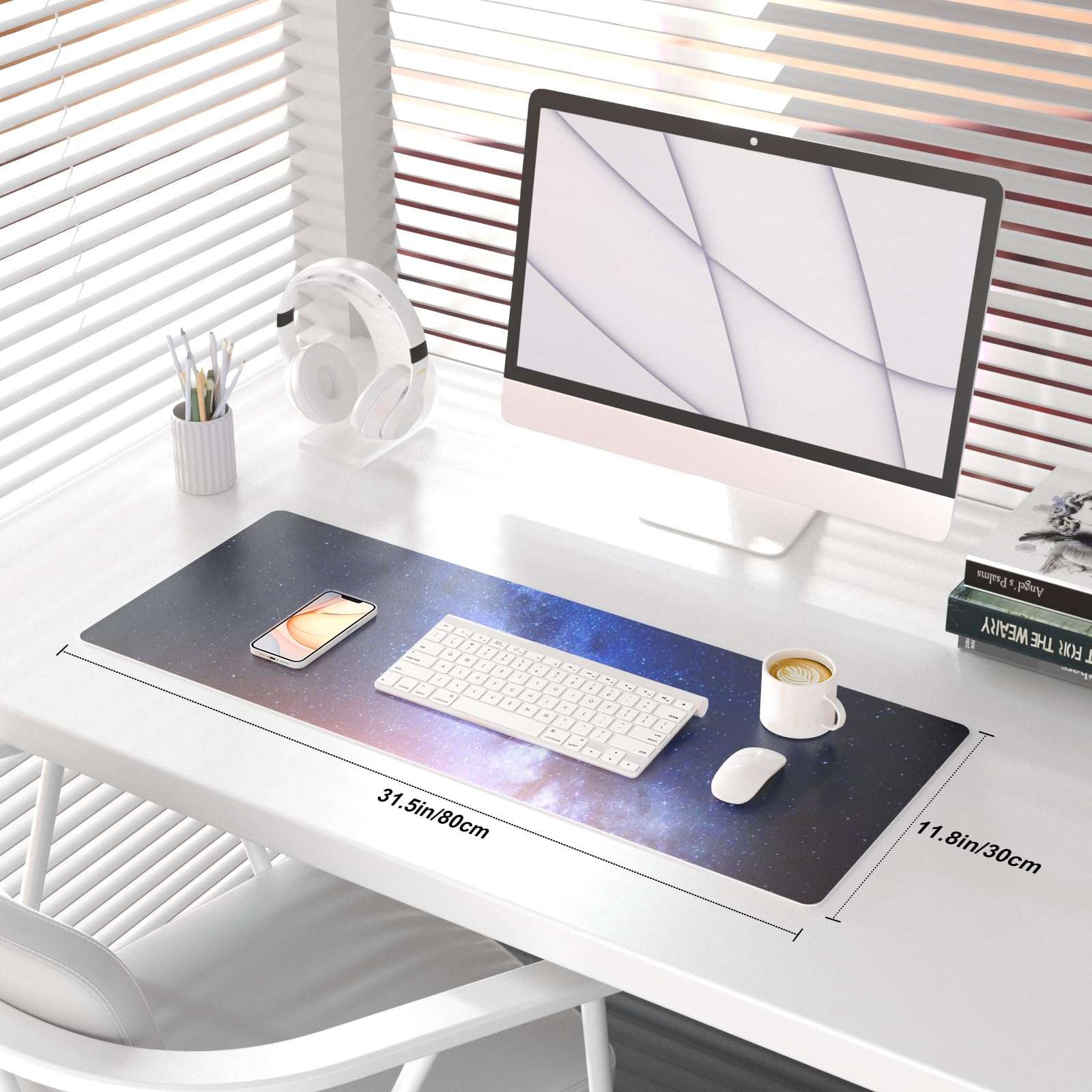 QIYI Large Desk Pad, Milky Way Mouse Pad Desktop Decor, Waterproof PU Leather Desk Cover Protector, Desk Accessories for Office Home Work Writing Gaming 31.5" x 11.8" - Blue Galaxy 3