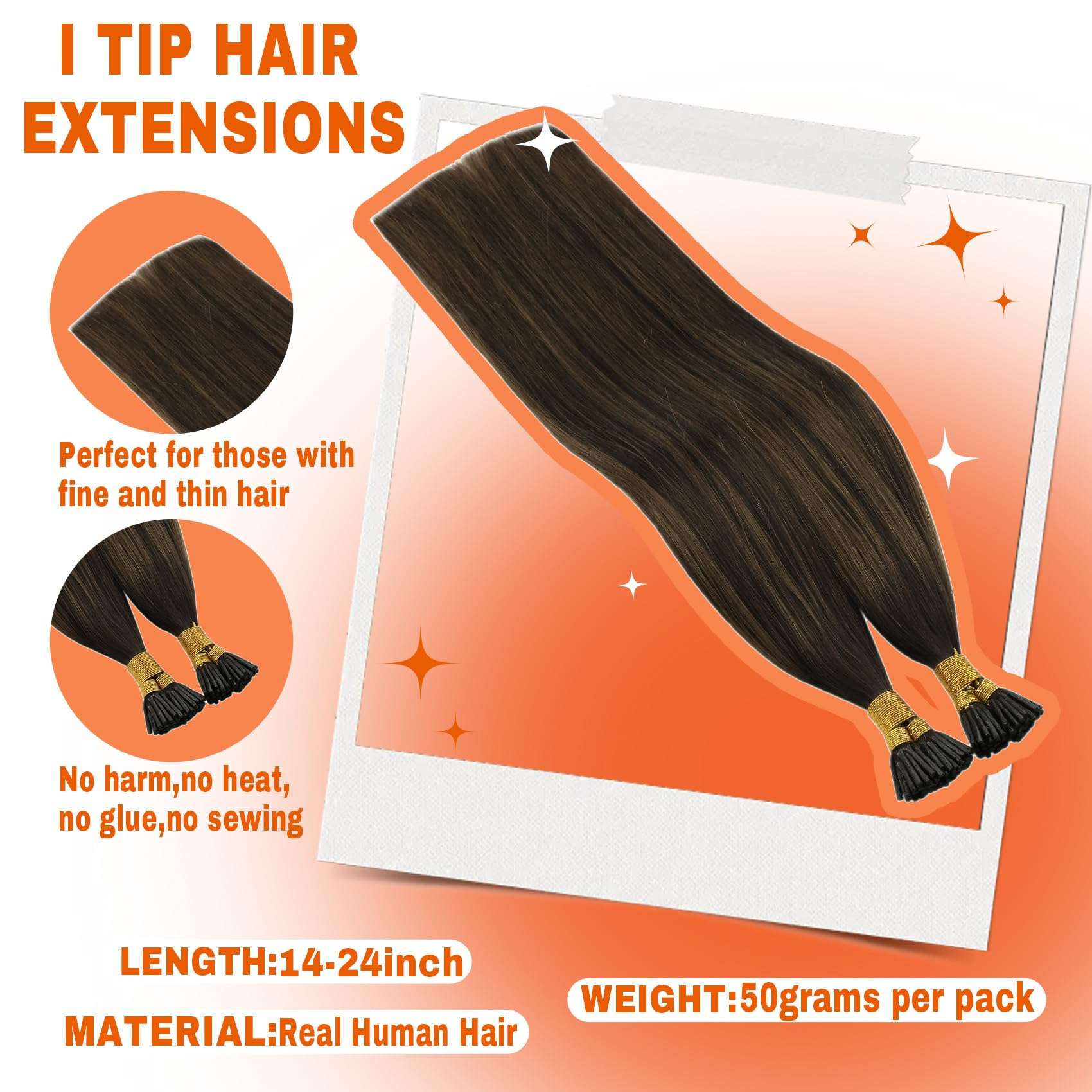[Sunny & Ve Sunny]Sunny Itip Hair Extensions Dark Brown Balayage Medium Brown with Highlight Bundle with Ve Sunny Ponytail Hair Extensions Same Color 16inch 3
