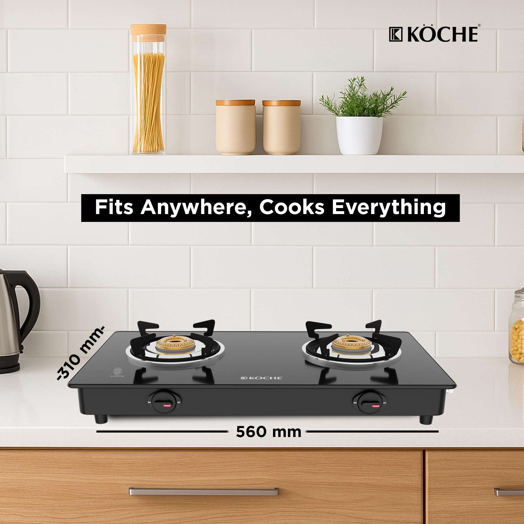KOCHE Spartek 2B Gas Cooktop | 2 Burner Gas Stove with Toughened Glass Top | High-Power Indian Brass Burners | 360° Revolving Gas Nozzle | Steel Powder-Coated Body | 2-Year Warranty 6