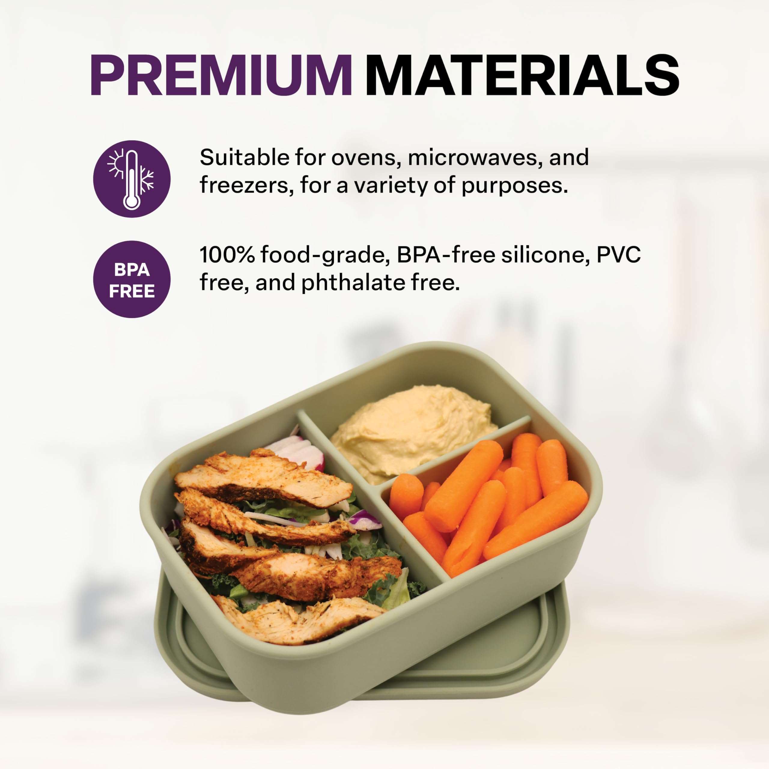 A-to-Z Supply Silicone Bento Box, 3 Compartments, BPA-Free, Leak-Resistant, Dishwasher and Microwave Safe, Perfect for Work, Travel & Meal Prep, (Green) 3