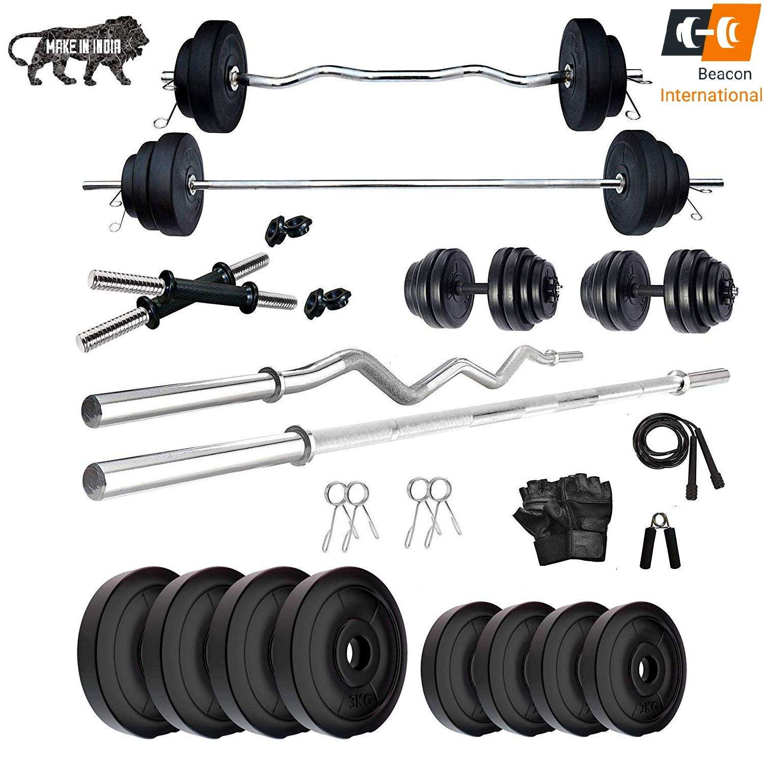 BEACON INTERNATIONAL Home Gym Set, Home Gym Equipment Combo,3 Ft Curl + 5 Ft Plain Rod and 1 Pair Dumbbell Rods, 8 in 1 Gym Bench, Fitness Bench for Men, Gym Accessories (10 KG Gym Set) 2
