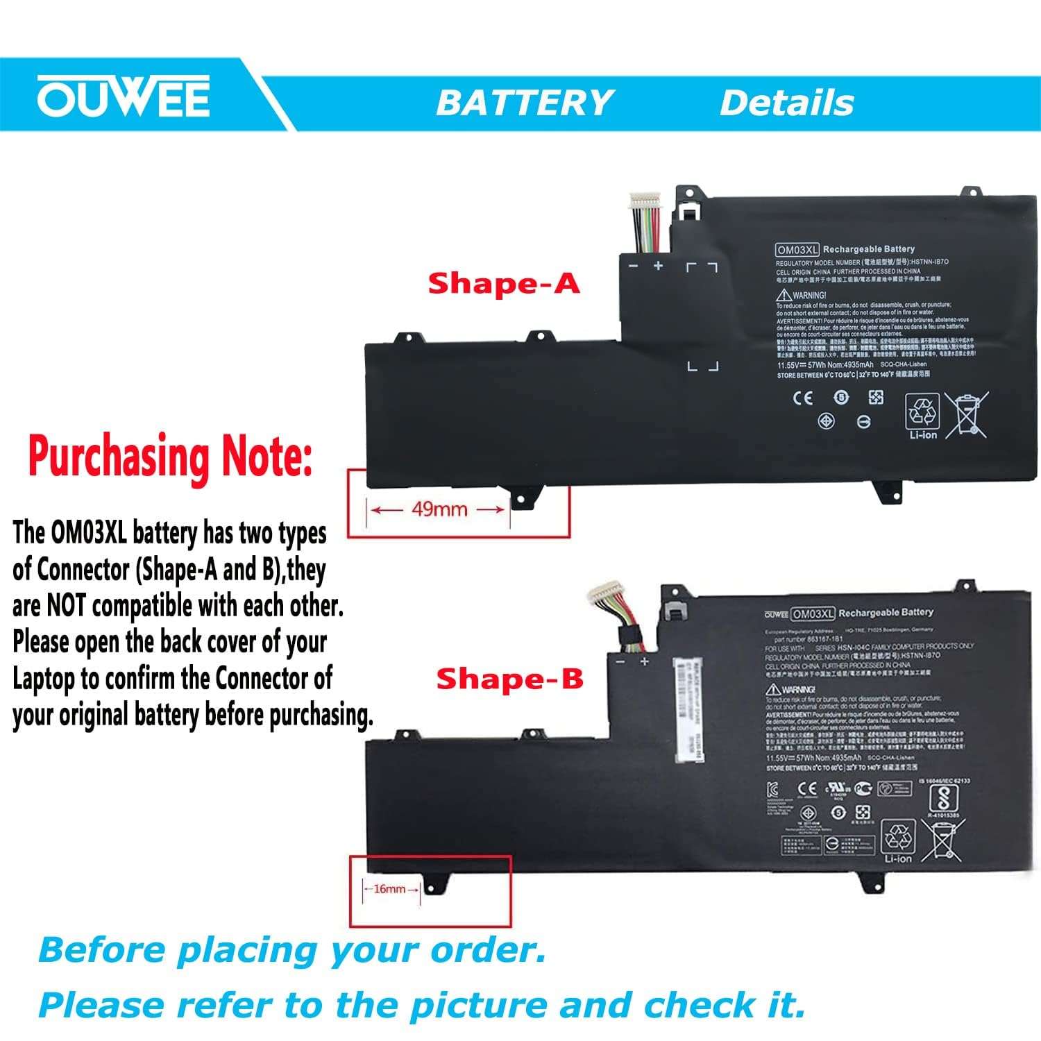 OUWEE OM03XL Laptop Battery Compatible with HP EliteBook x360 1030 G2 Series 863167-1B1 863280-855 HSN-I04C HSTNN-IB70 HSTNN-IB7O 11.55V 57Wh 4935mAh（Shape-A） 5