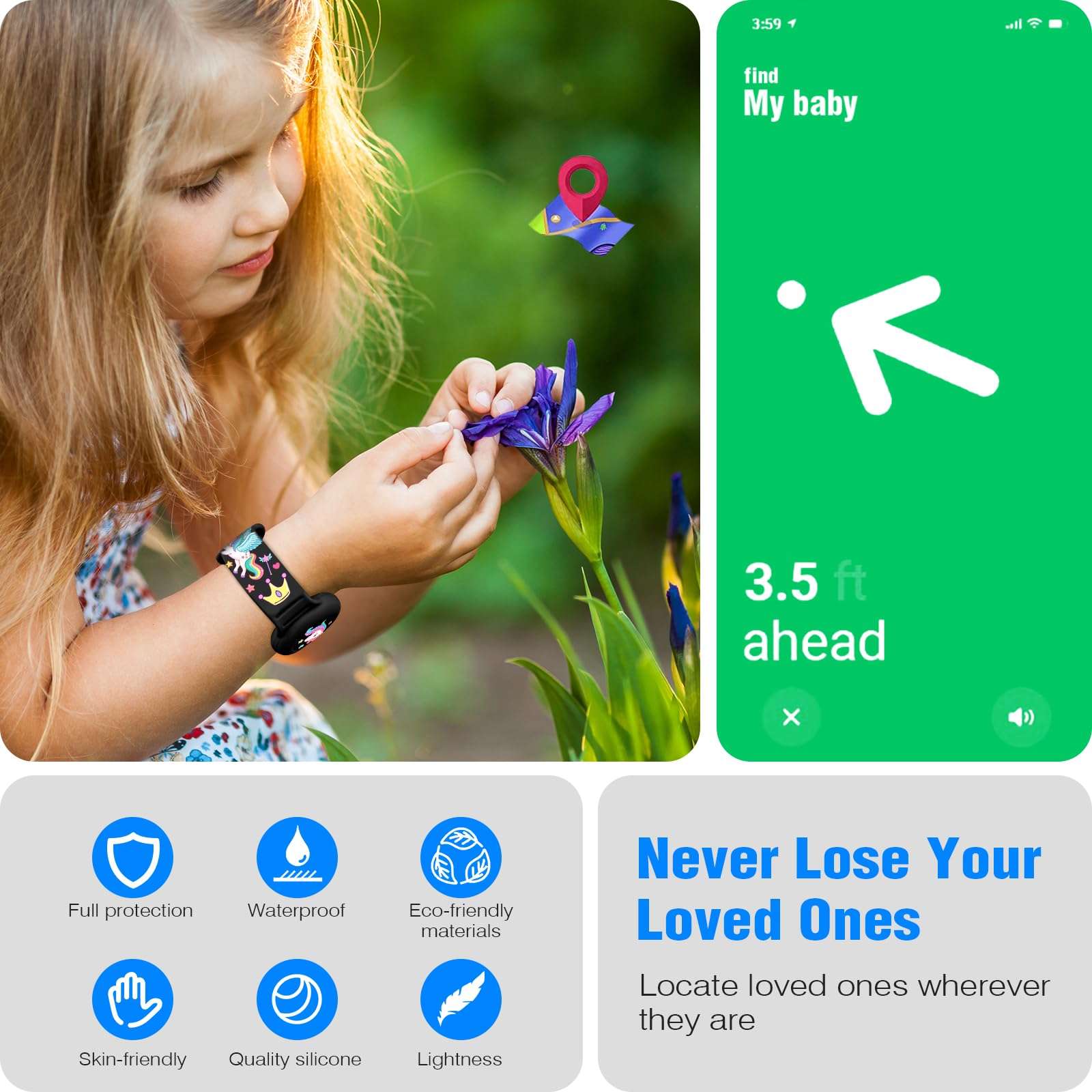 ZHOC AirTag Bracelet for Kids, Waterproof Cute Cartoon Air tag Holder for Kids with Full Coverage Anti-Lost Hidden Design, Airtag Wristband Accessories for Child Black 6