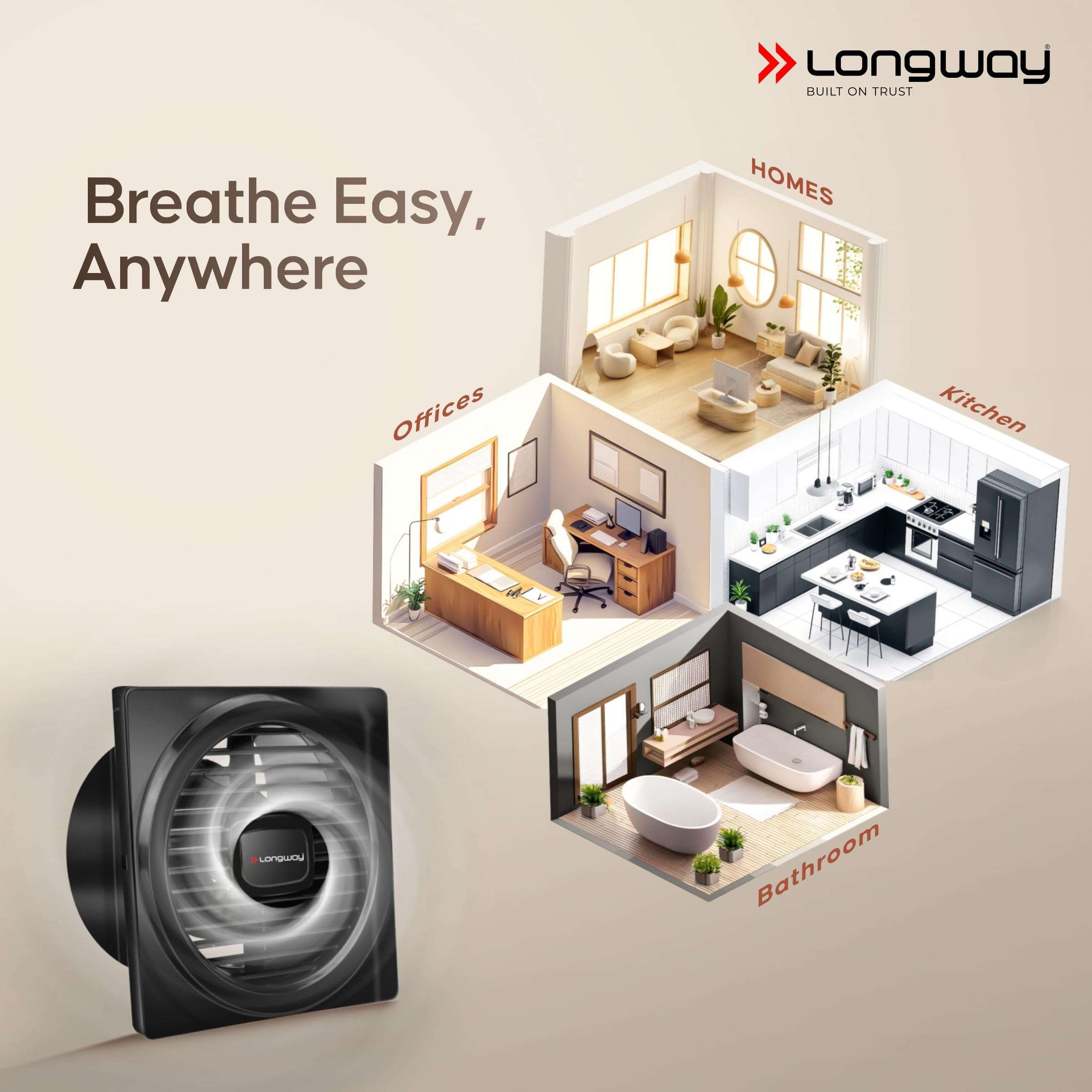 LONGWAY Gusto 6 Inch 150 mm Energy Efficient Exhaust Fan | High Speed Powerful Motor | Noiseless Operation & Easy to Clean | Suitable for Bathroom, Kitchen, Office | 2 Years Warranty (Black) 6