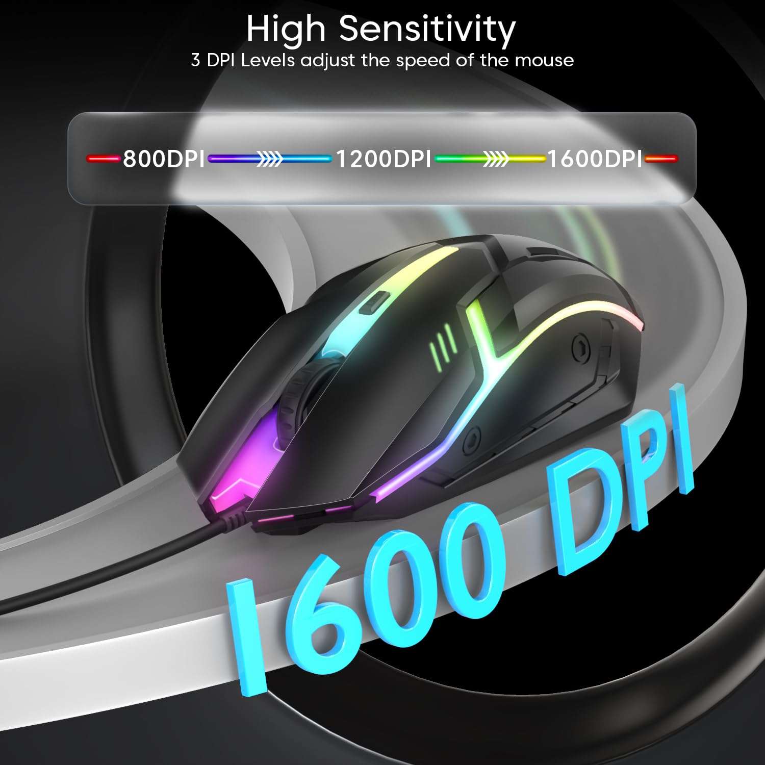Sounce Nitro Wired Gaming USB Mouse 800/1200/1600 DPI Optical Sensor, 4-Level Adjustable DPI, RGB Lighting, Smooth Tracking, Ergonomic Grip, Plug & Play for Laptop & PC (Black) 5