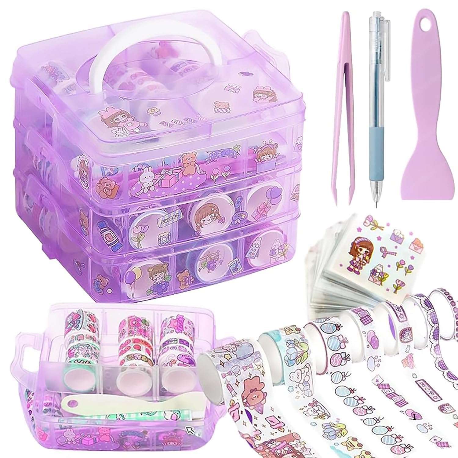Washi Tape Set (100 Pcs) with 20 Kawaii Stickers, Tweezers, Pen & Spatula | Decorative Masking Tapes in 3-Layer Storage Box for DIY Crafts, Journaling, Scrapbooking & Bullet Planner (purple) 1