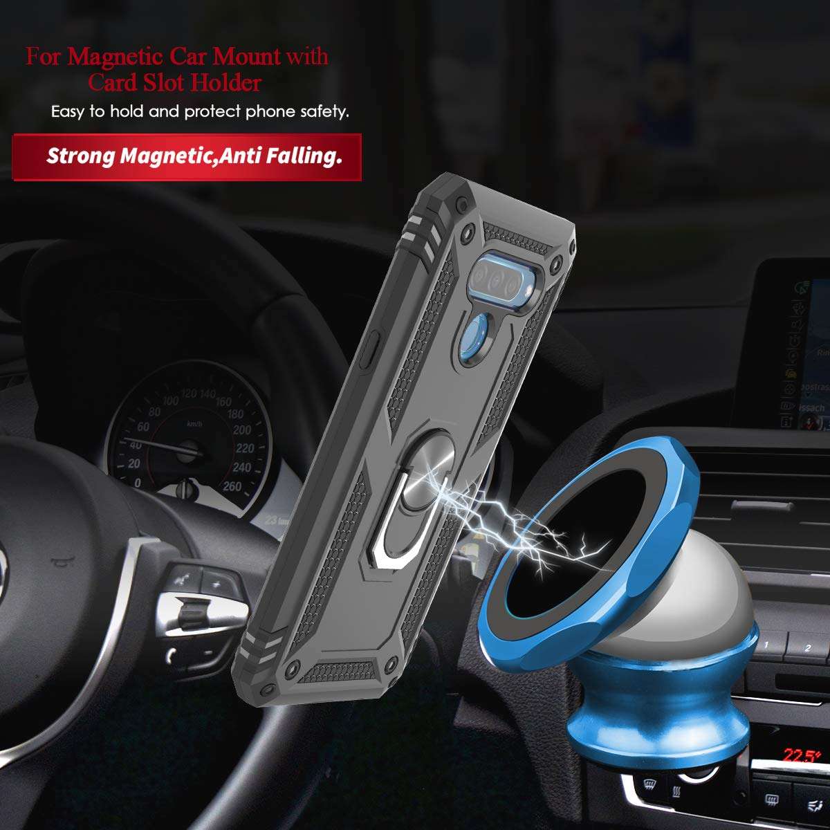 Zingcon Compatible for LG K50 / Q60 Case,[HD Screen Protector] Military-Grade Ring Holder Stand Kickstand Phone Cases Fitting Magnetic Car Mount for LG K50-Black 6