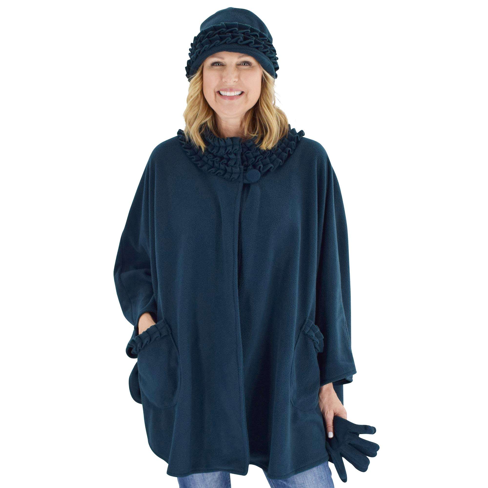 Le Moda Women's Ruffle Trim Polar Fleece Wrap with Matching Gloves and Hat | Winter Collection | One Size Fits All (Teal Blue) 1