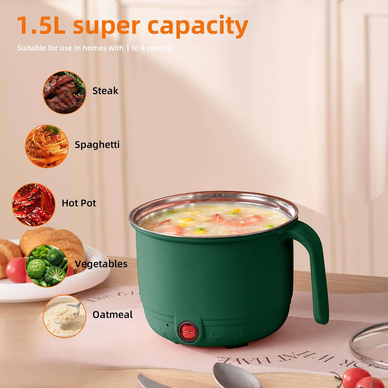 Bluewings Electric Cooking Pot with Steamer & Glass Lid | Portable Mini Electric Cooker for Noodles, Soup, Rice, Dumplings & Hot Pot | Ideal for Hostel, Office, Travel & Small Kitchens | All-in-One Portable Mini Cooker (Green, Without Lid) 5