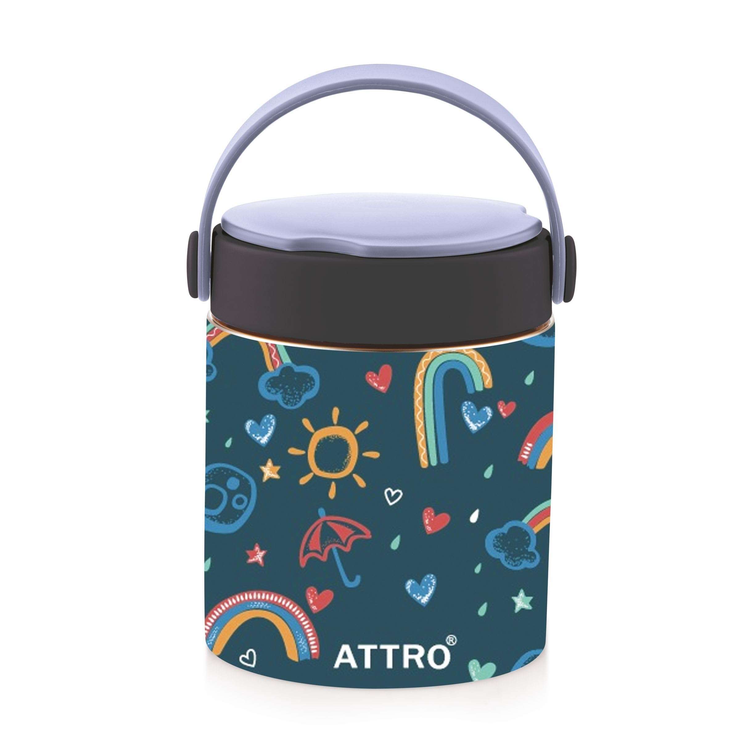 ATTRO Happy Go Vacuum Insulated ISI Certified Stainless Steel Soup Jar 500ml, Leakproof & BPA-Free for Kids & Adults, Long Temperature Retention,Ideal for School, Office & Travel-Rainbow Magic Blue 1
