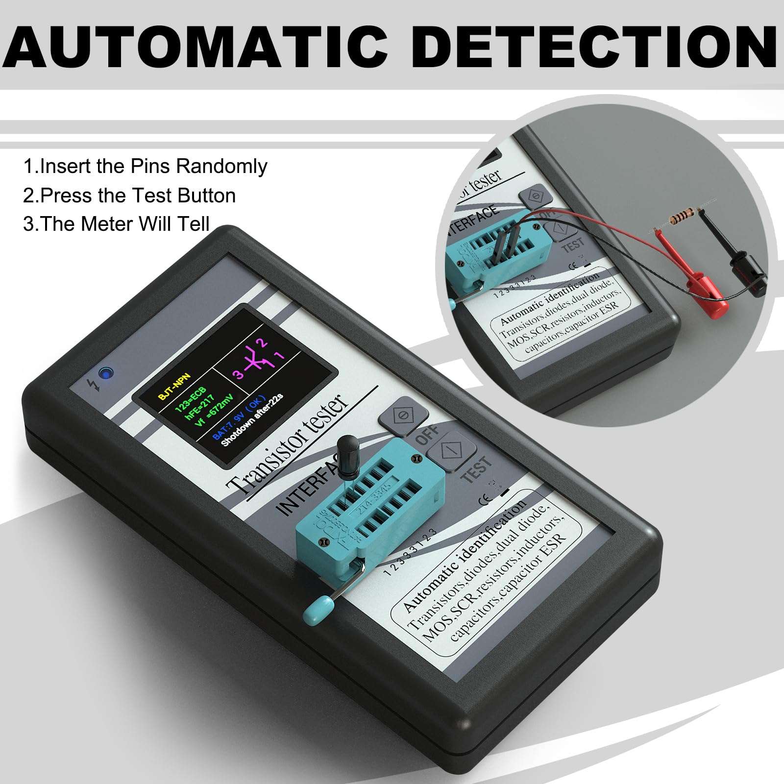 DROK Transistor Tester LCR Meter, Mosfet Transistor Capacitor Tester, Mega328 NPN PNP Transistor Diode Resistor Inductor Capacitance MOS SCR ESR Meter Automatic Checker Detector 2