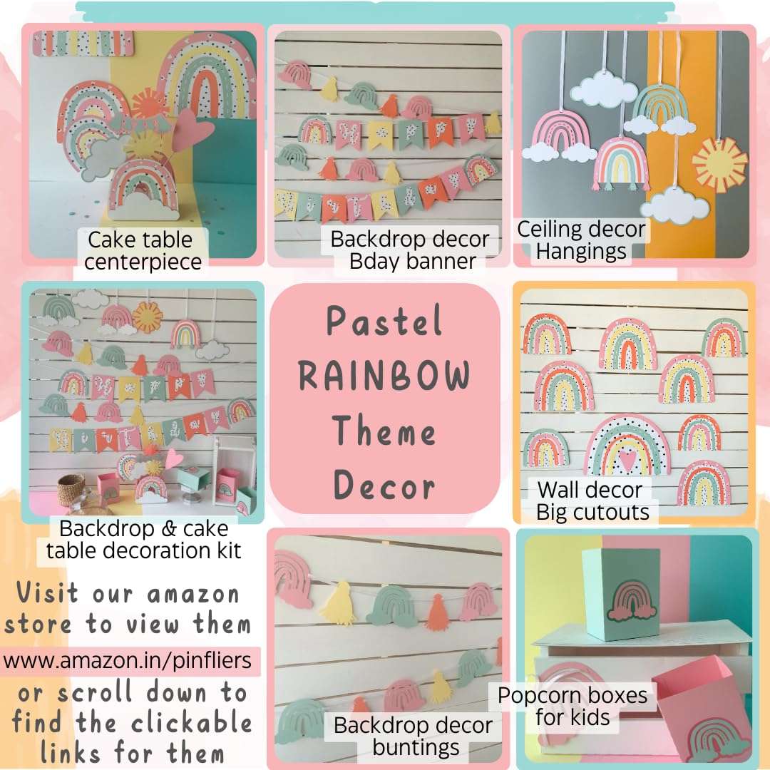 Pinfliers Pastel Birthday Decorations,Rainbow Theme Happy Birthday Decoration Set/Kit, Paper Popcorn Box,Banner/Bunting/Pennant/Flag, Hanging/Swirls,Party Table Centerpiece,Pastel-Multicolor,19 pieces 3