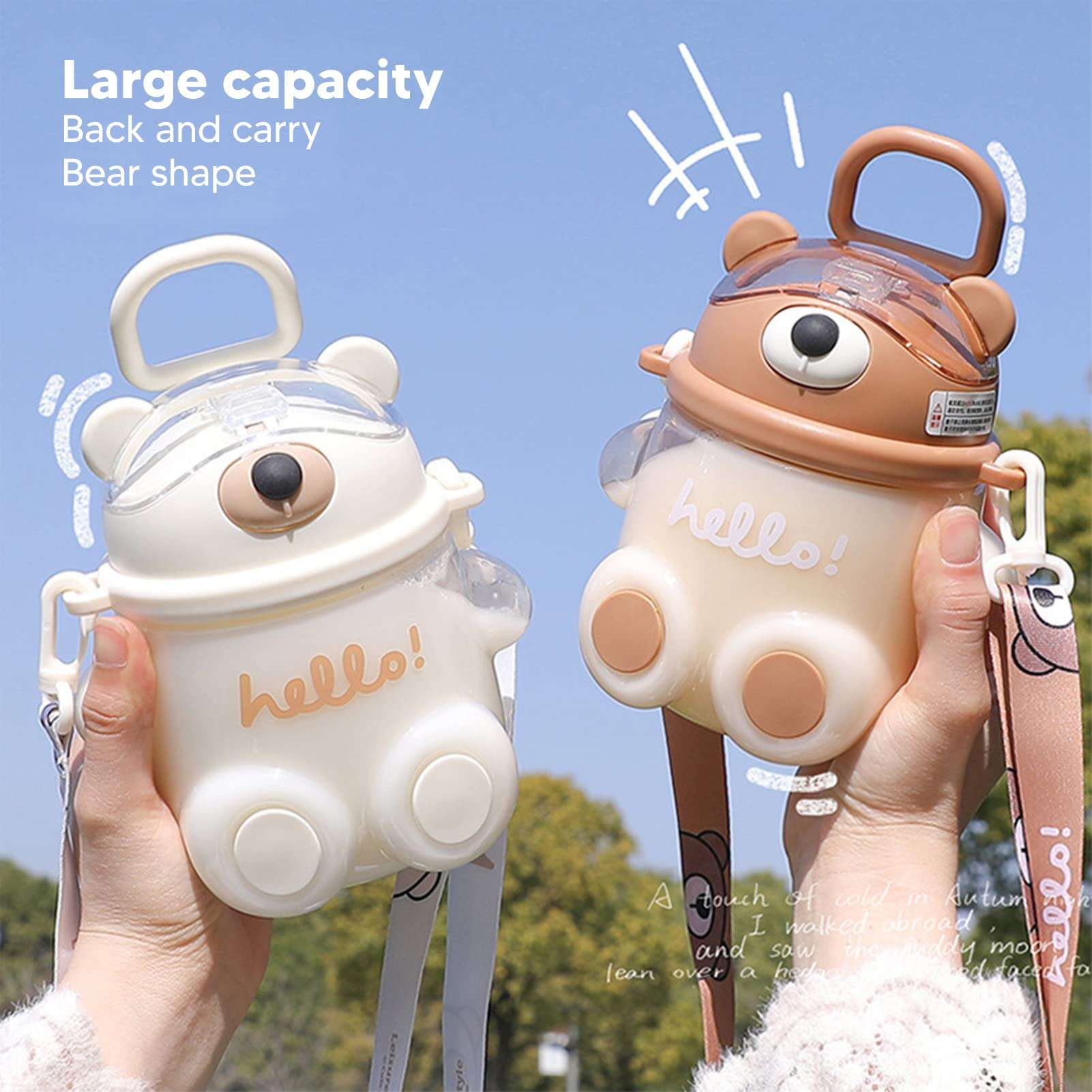 Bear Water Bottle, Kawaii Safe 700ml Hiking Plastic Water Bottle Cute Water Bottles Water Bottle with Strap Kids Water Bottles Kawaii Water Bottle for School Sports Camping Picnic(Coffee) 4