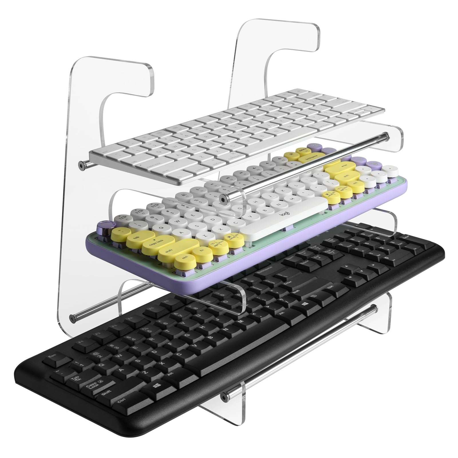CaSZLUTION Acrylic Keyboard Holder Storage Rack, 3-Tier Keyboard Display Stand, Mechanical Gaming Keyboard Shelf Desktop Organizer - Clear 1