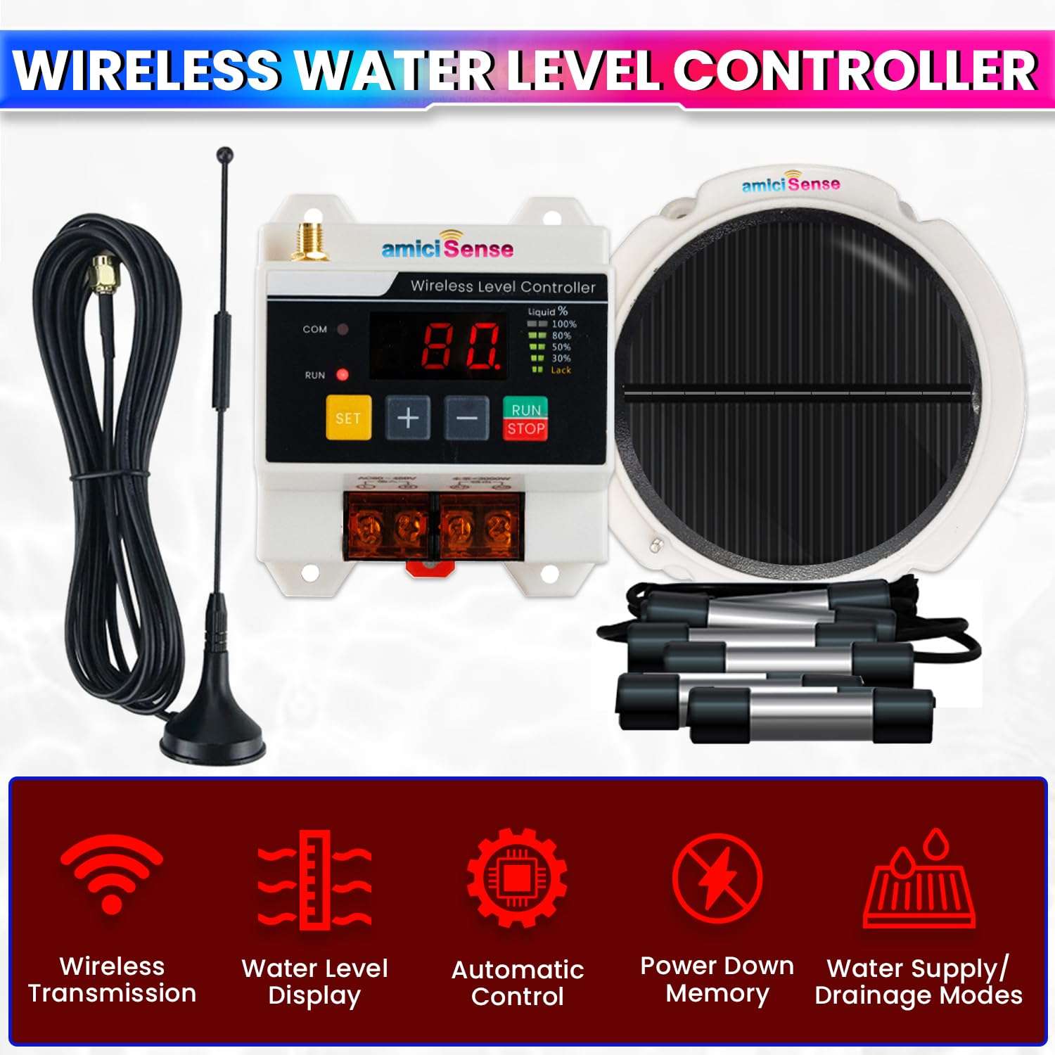amiciSense Automatic Wireless Water Level Controller Switch | Solar Powered Transmitter with Battery | Water Level Display | 230V AC | 3kW Motor Load | Timeout & Water Shortage Protection 3
