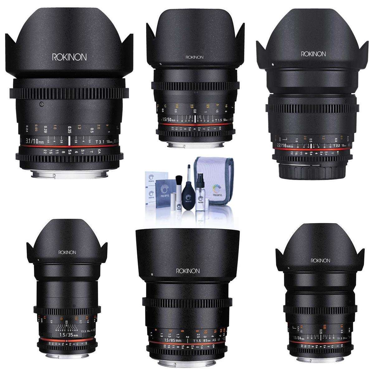 Rokinon Cine DS Lens Kit for Micro Four Thirds Consists of 10mm T3.1, 16mm T2.2, 24mm T1.5 Lens, 35mm T1.5 Lens, 50mm T1.5 Lens, 85mm T1.5 Lens, Cleaning Kit
