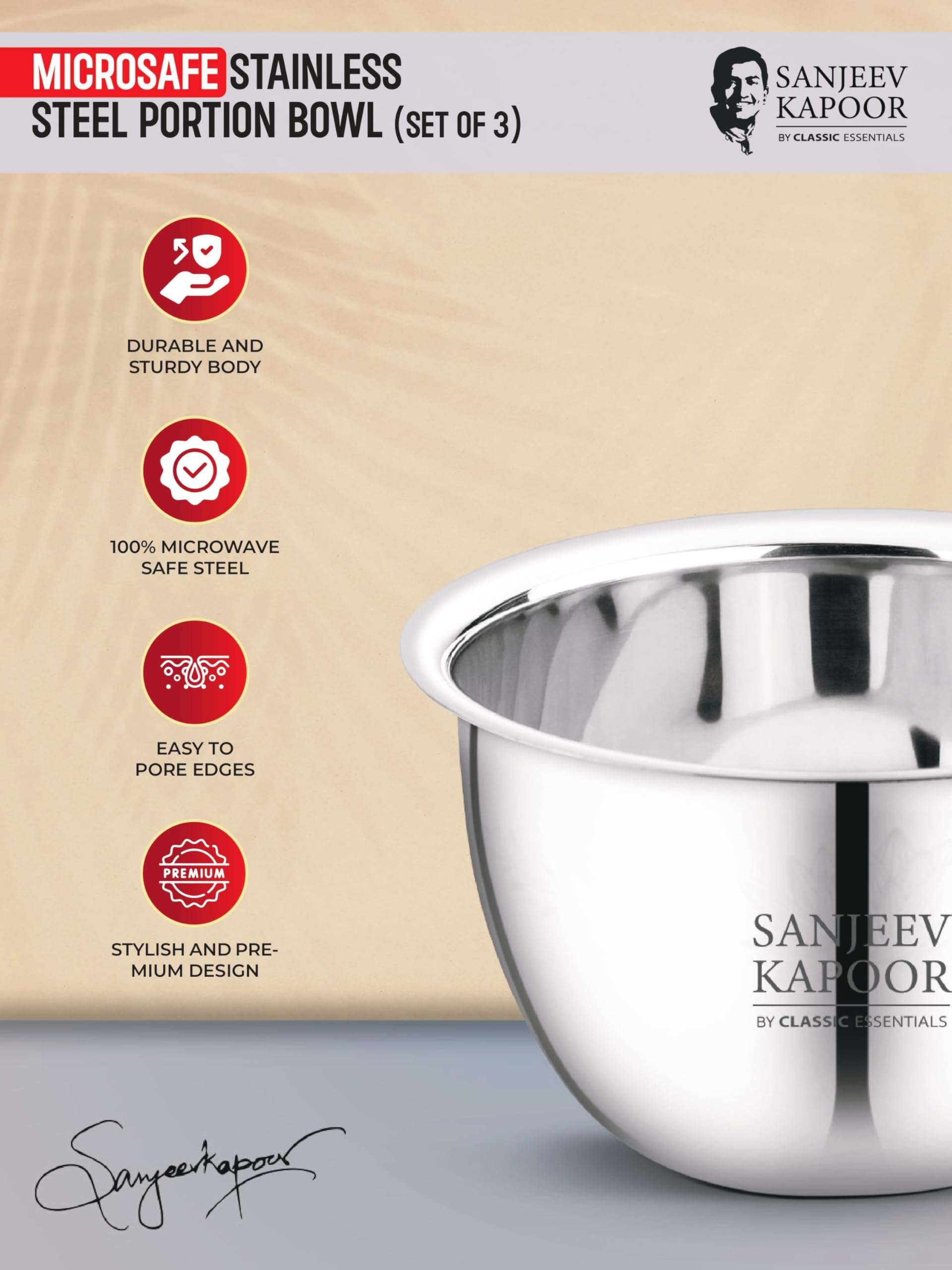 Sanjeev Kapoor by Classic Essentials Stainless Steel Set of 3 Mixing & Serving Bowl Microwave-Safe Solid, Durable, Elegant, Mirror Finish Bowl (Silver, 750,1500,1000ML) 5