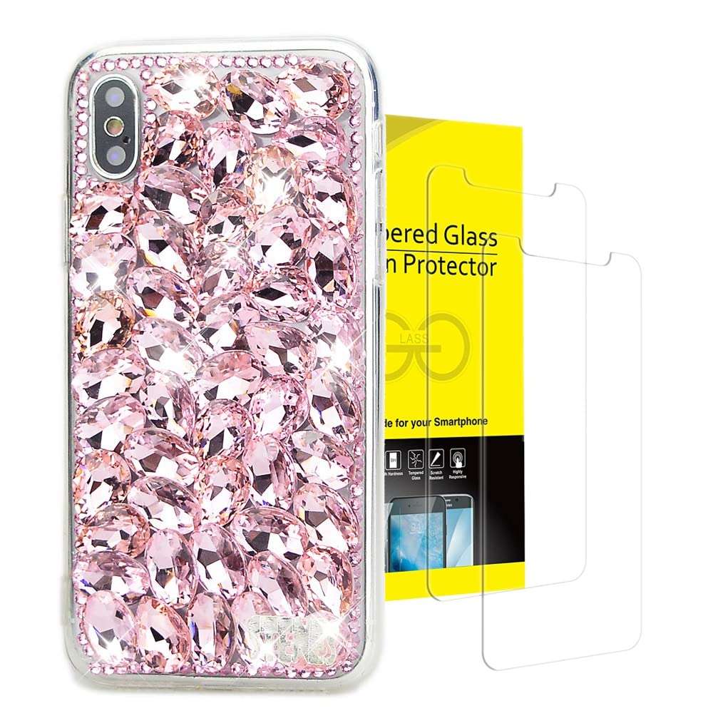 AS-Zeke Glitter Elegant Phone Case Compatible with iPhone 14 Pro Max 2022, 3D Handmade Series Pretty Rhinestone Rhinestone Crystal Bling Design Cover Case with Screen Protector [2 Pack] - Pink 1