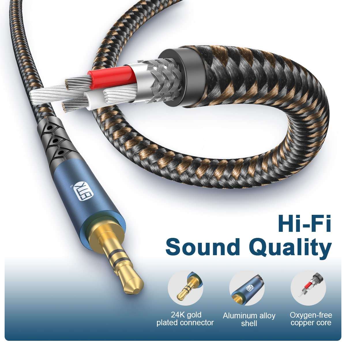 EMK 90 Degree Aux Cable 3.5 mm Auxiliary Cord Male to Male Stereo Aux Cable for Car 24K Gold Plated Hi-Fi Sound Quality Nylon Braided for Laptop Phone Tablet MP3 Player Stereo Speaker (50ft/15m) 4