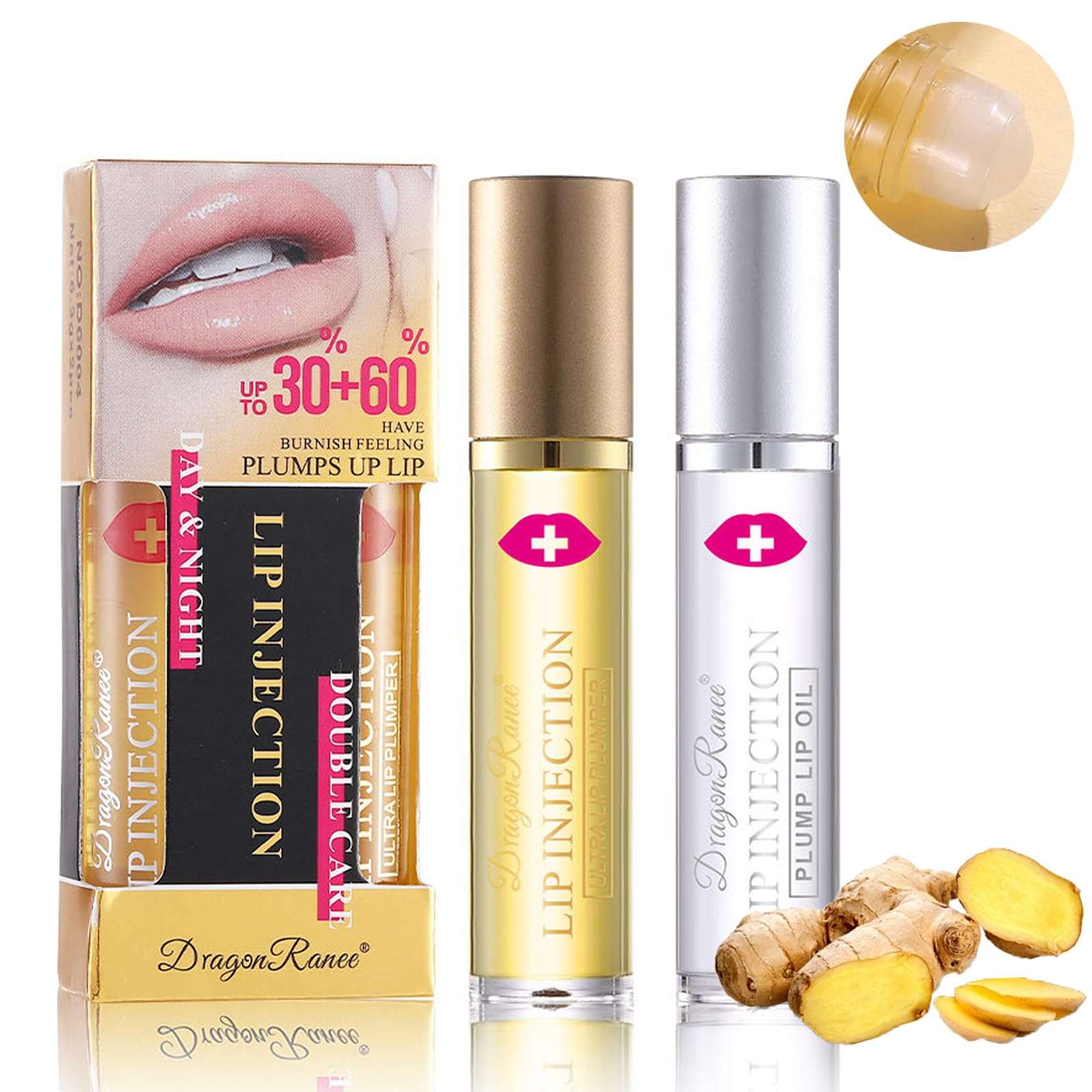 Hydrating Lip Plumper Gloss Set,Natural Ginger Essential Lip Care Oil Roll On,Plumping Lip Gloss for Chapped Cracked Dry Lips,Lip Enhancer Make Lips Fuller Moisturizing,Reduce Fine Lines (2pcs) 1