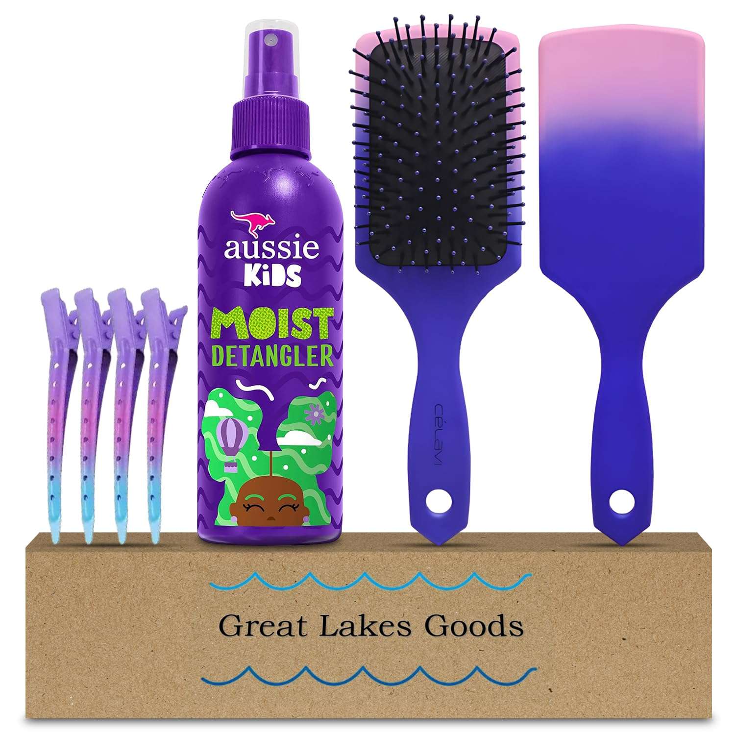 6 Pc Hair Detangler Kit Includes Aussie Kids Moist Tangle-Free Spray Detangling Wet or Dry Paddle Brush for All Hair Types Sectioning Clips Paraben and Sulfate-Free 8Fl oz by Great Lakes Goods 6